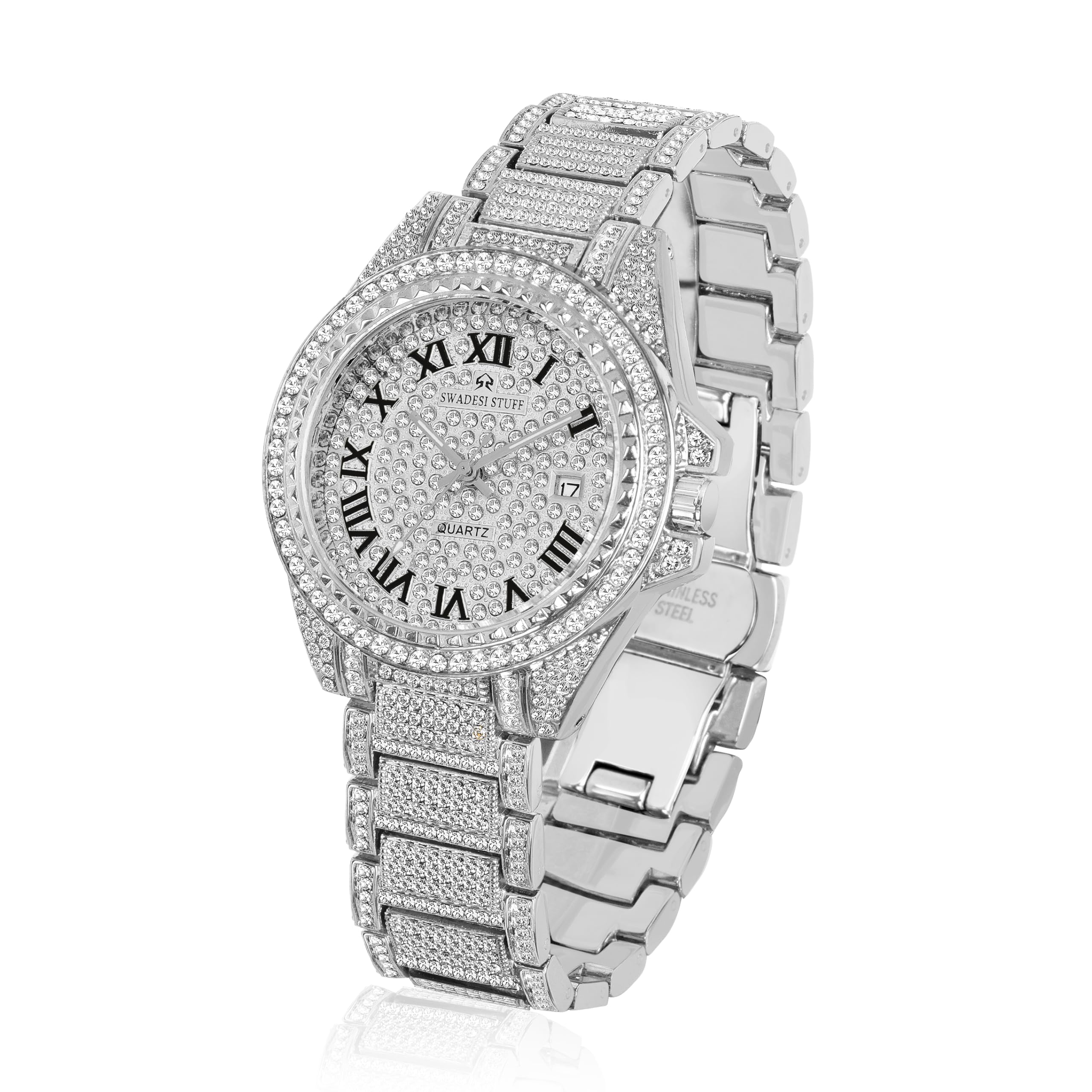 SWADESI STUFF Glint Hand-Studded Diamonds Silver Date Latest Dial Premium Luxury Design Stainless Steel Strap Analog Party Watch for Men (B0CW32L33S) Amazon Price History, Amazon Price Tracker