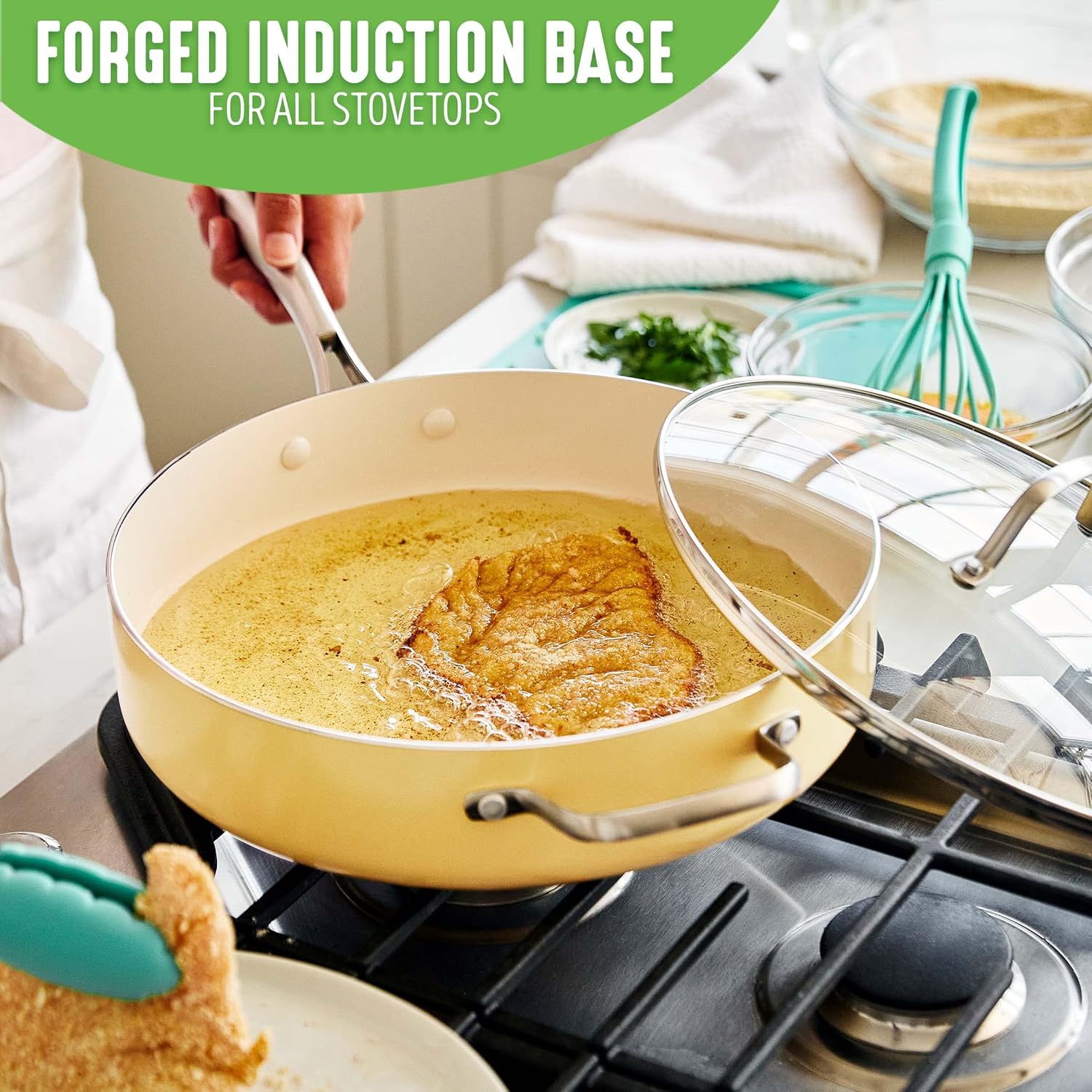 GreenLife Artisan Healthy Ceramic Nonstick, 5QT Saute Pan Jumbo Cooker with Helper Handle and Lid, Stainless Steel Handle, Induction, PFAS-Free, Dishwasher Safe, Oven Safe, Yellow - Image 2