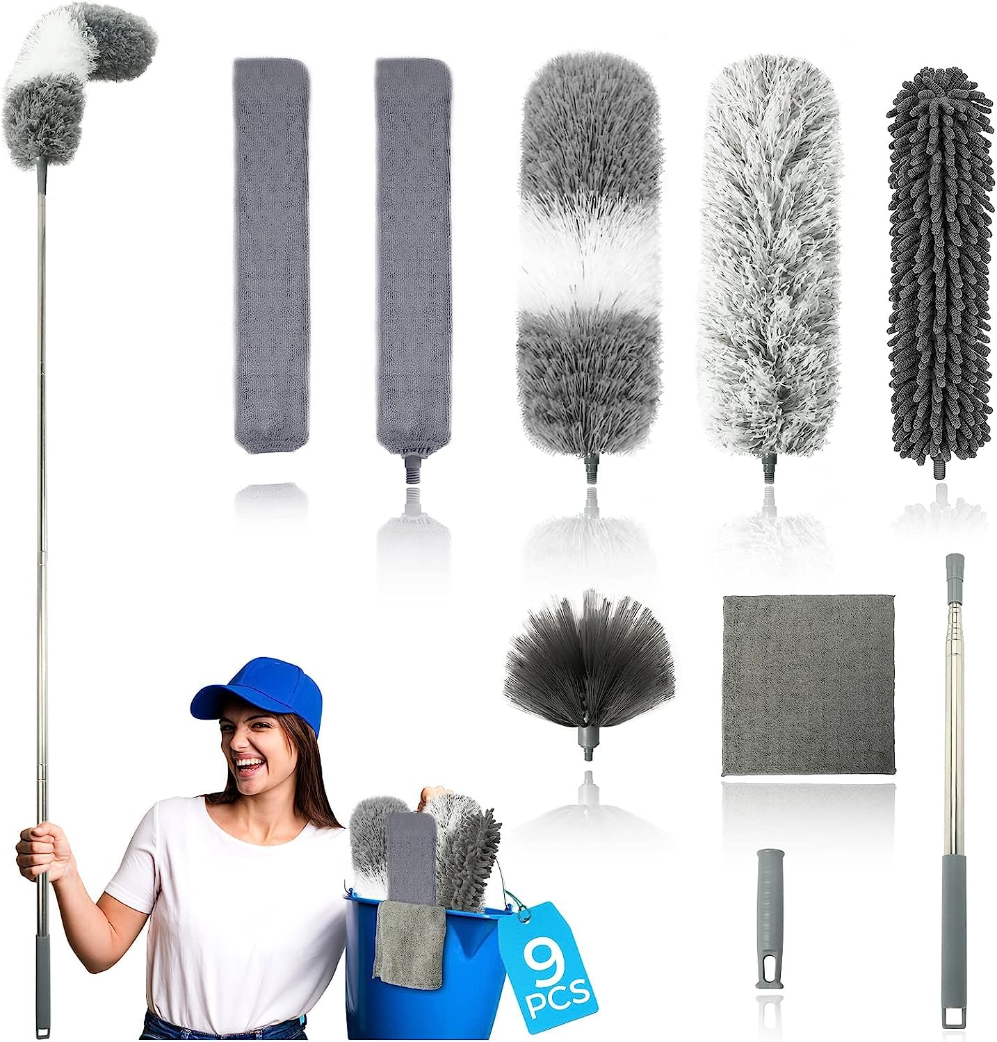 9PCS Dusters for Cleaning Kit, Extendable Microfiber Duster Tools with 100" Long Pole, Retractable Gap Bendable Dust Cleaner, Reusable Washable Cleaning Supplie for Ceiling Fan Furniture Cars and Home