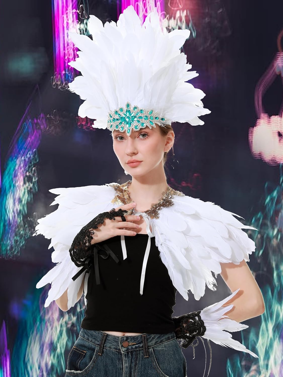 Women's Feather Headpiece Handmade Rhinestones Headband Halloween Showgirl Cosplay Headwear Accessories - Image 5