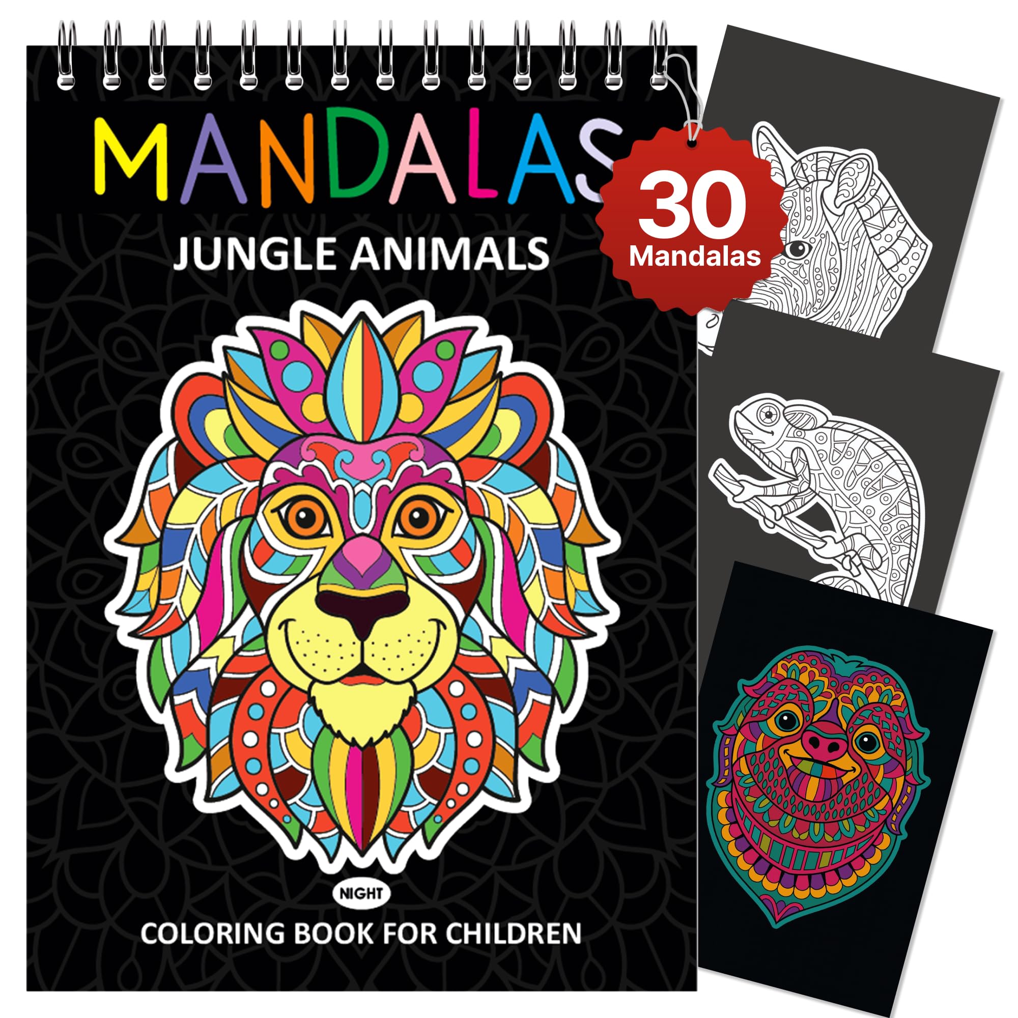 Finoly Mandala Kolorowanka dla Dzieci z 30 Wzorami | Kolorowanka ze Zwierzęcymi Mandalami | Mandala Kolorowanki dla Dzieci z DżungliZwierzętami A4 | Papier Premium | Spiralne Wiązanie | Noc