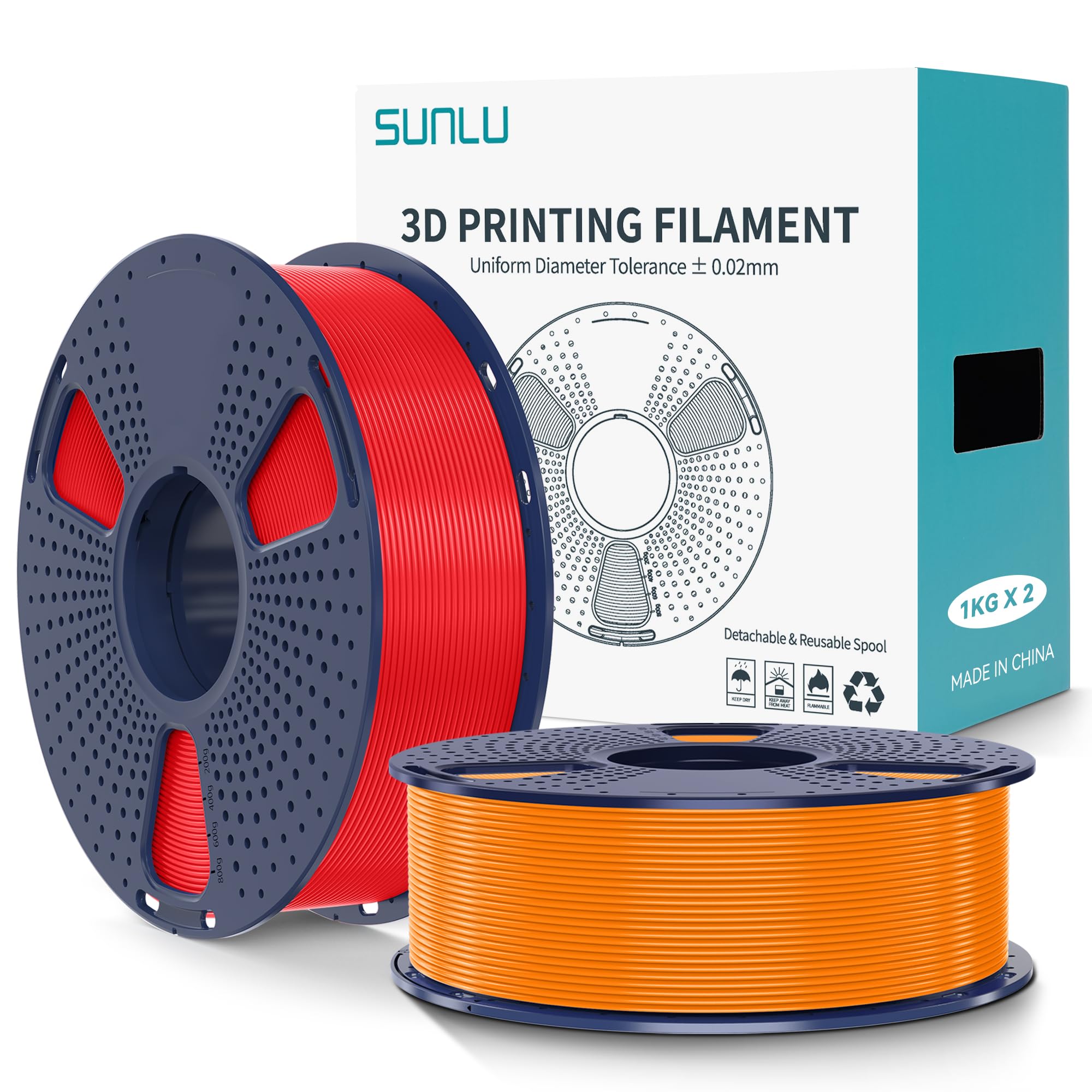 SUNLU PLA+2.0 Filamento per stampante 3D, Filamento PLA Plus di Aggiornamento 2KG, Precisione dimensionale +/- 0.02 mm, Bobina da 1kg (2.2LBS), 2KG in Totale, Rosso+Arancia