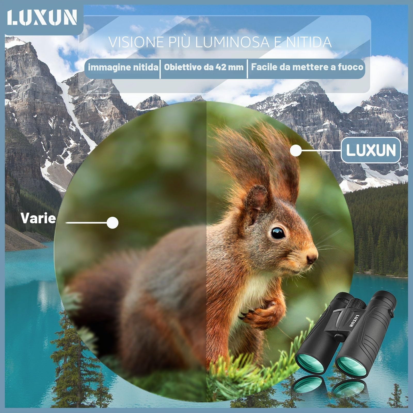 LUXUN Binocolo 10 x 42 per adulti, binocolo HD per caccia, birdwatching e escursioni, safari, obiettivo FMC con adattatore per cellulare