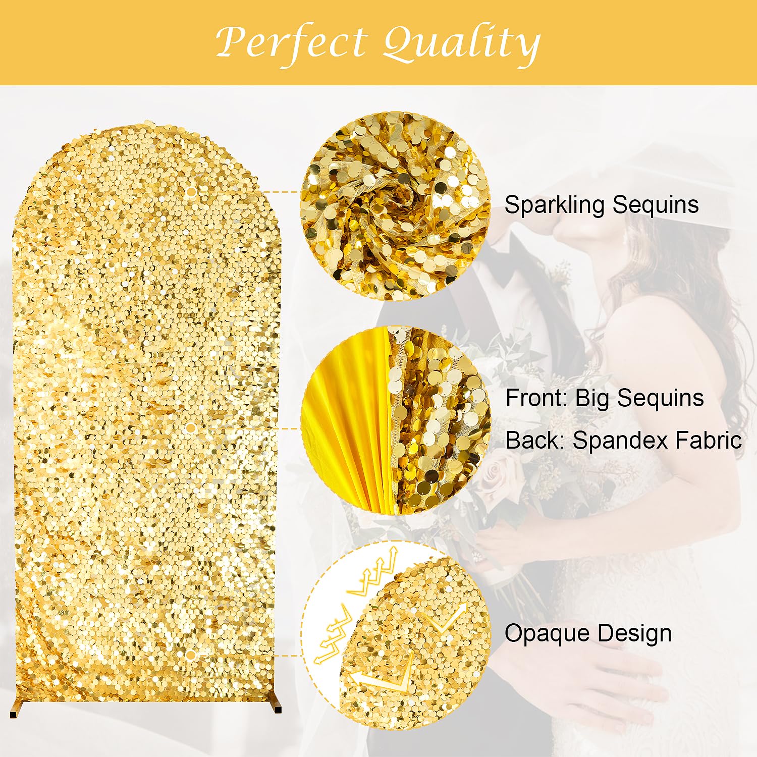 SaitiMade Copertura per fondale ad arco con paillettes dorate, 1,8 m | Copertura per archi di nozze, copertura rotonda per sfondo Chiara per feste di compleanno, cerimonie, baby shower, banchetti