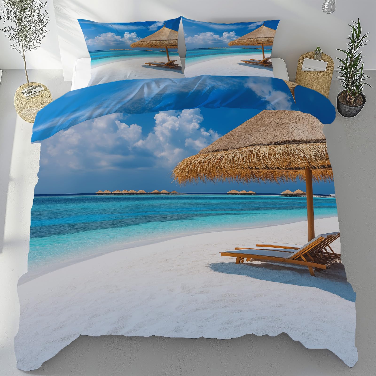Parure de lit microfibre douce 240x260 cm style plage avec fermeture zippée pratique