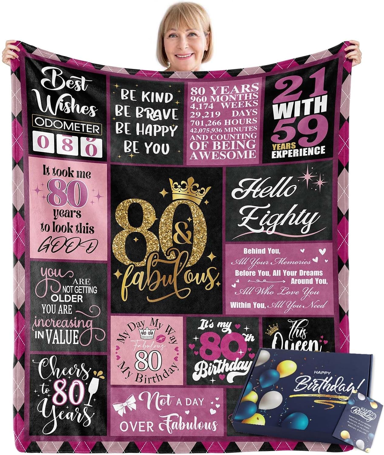 80th Birthday Girts for Women with Gift Box, 80th Birthday Blanket, 80th Birthday Decorations for Women, Birthday Gifts for 80 Year Old Women, 80th Gifts Women Men Travelling Rugs 60"x50" 60" X 50" Pinkblack
