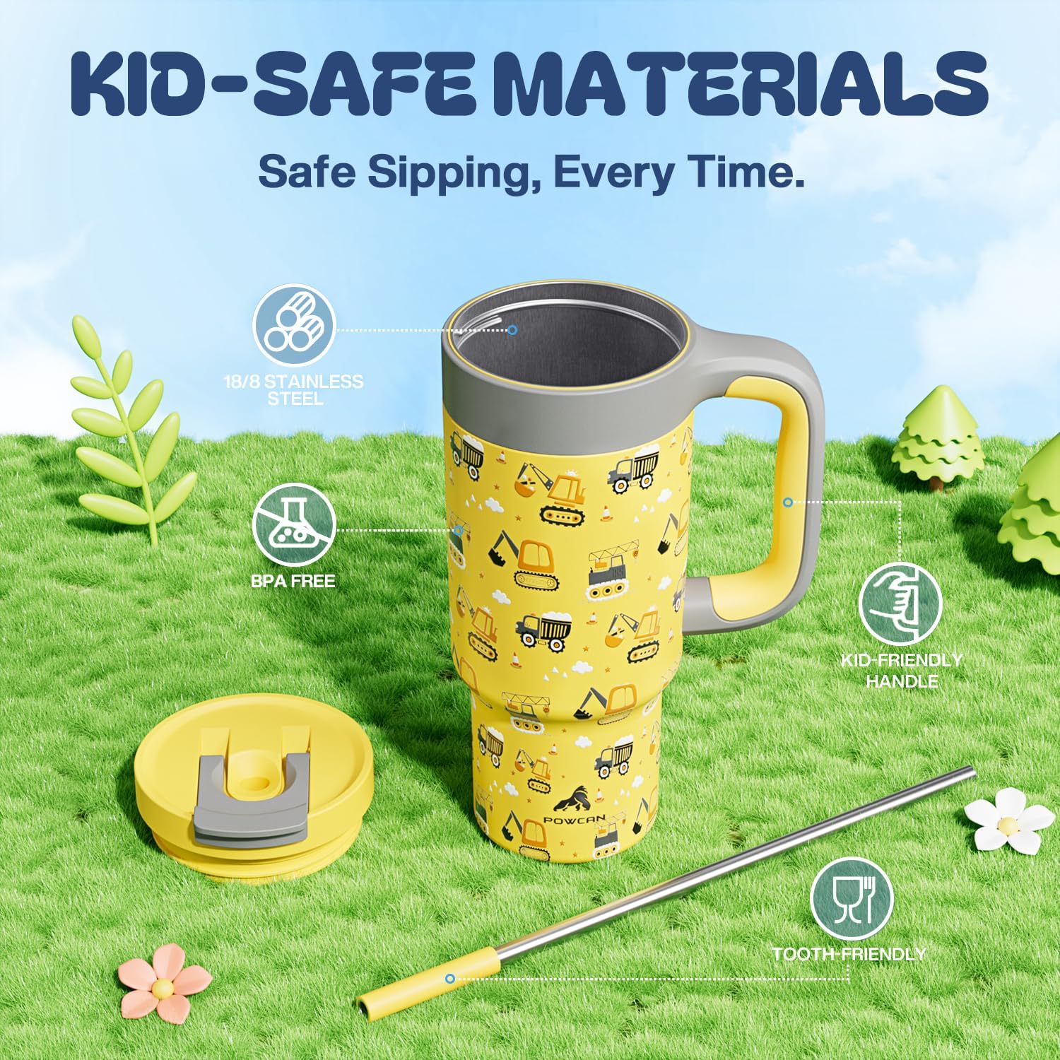 24 oz Stainless Steel Cup with Handle for Preschooler: BPA-Free, Lid with Straw, Easy to Clean, Car Cupholder Friendly, Insulated Tumbler for Playtime, Sports, Summer Camp, Vacation, Gift (Dig It Up) - Image 5