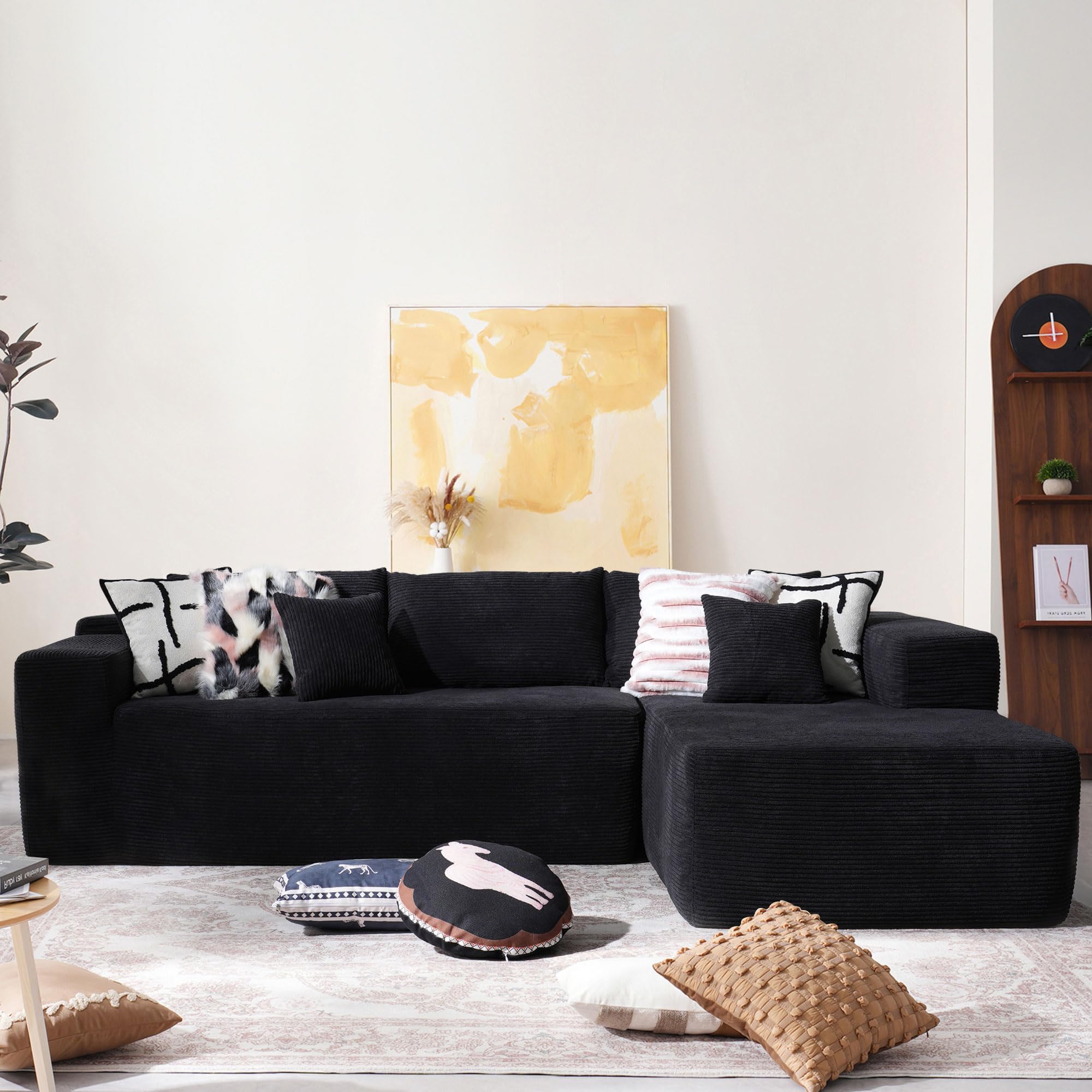 104" Cloud Sectional Couch with Comfy Chaise, Boneless L Shape Sofa with Deep Seat, Minimalist Modular Couches Sleeper for Living Room Bedroom Apartment Lounge,Black