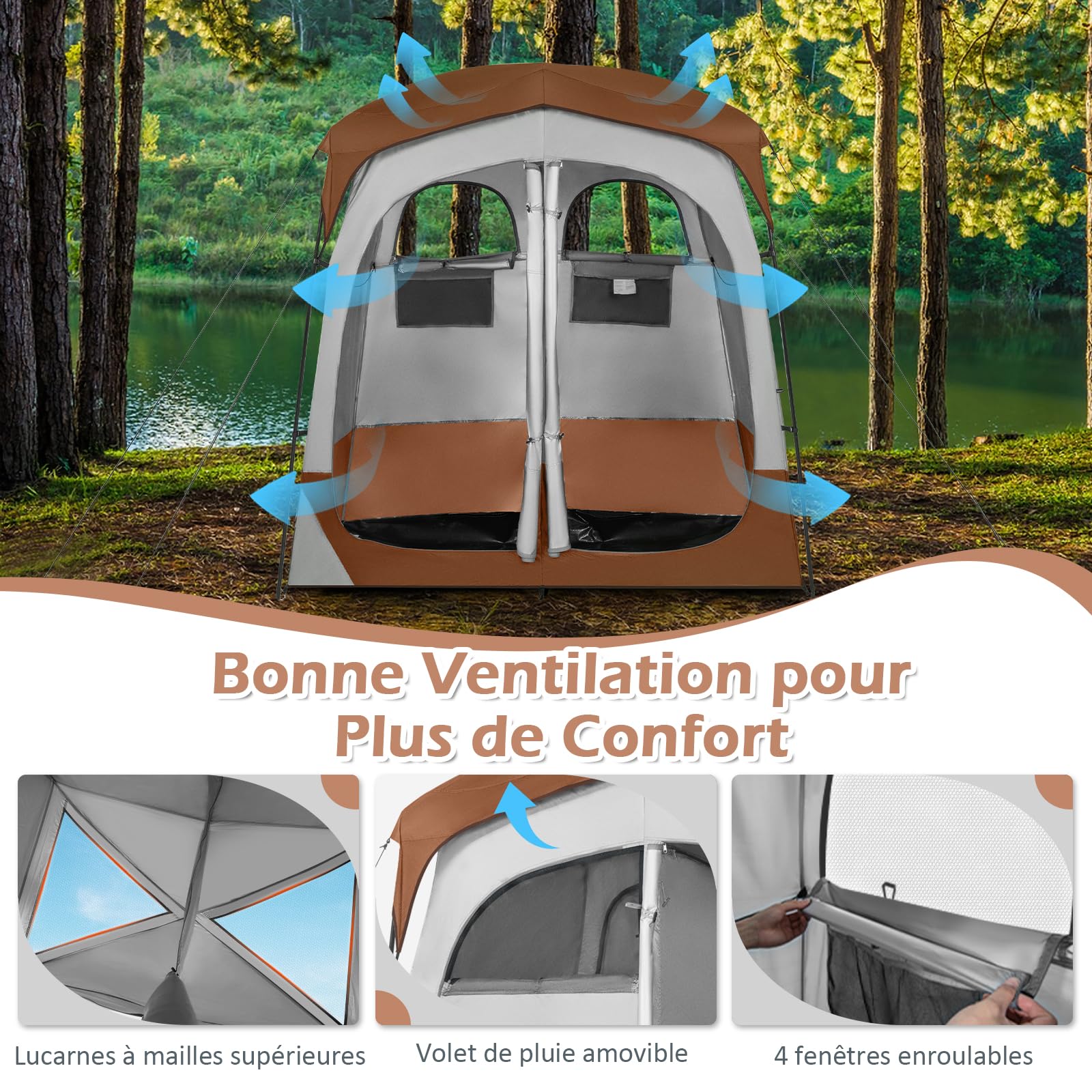GOPLUS Tente de Douche 2 Personnes, Tente Cabine d'Essayage Portable avec Portes Zippées et 4 Fenêtres, Tente de Vestiaire avec Sac de Transport, pour Camping, Toilettes et Douche, Gris (Brun)