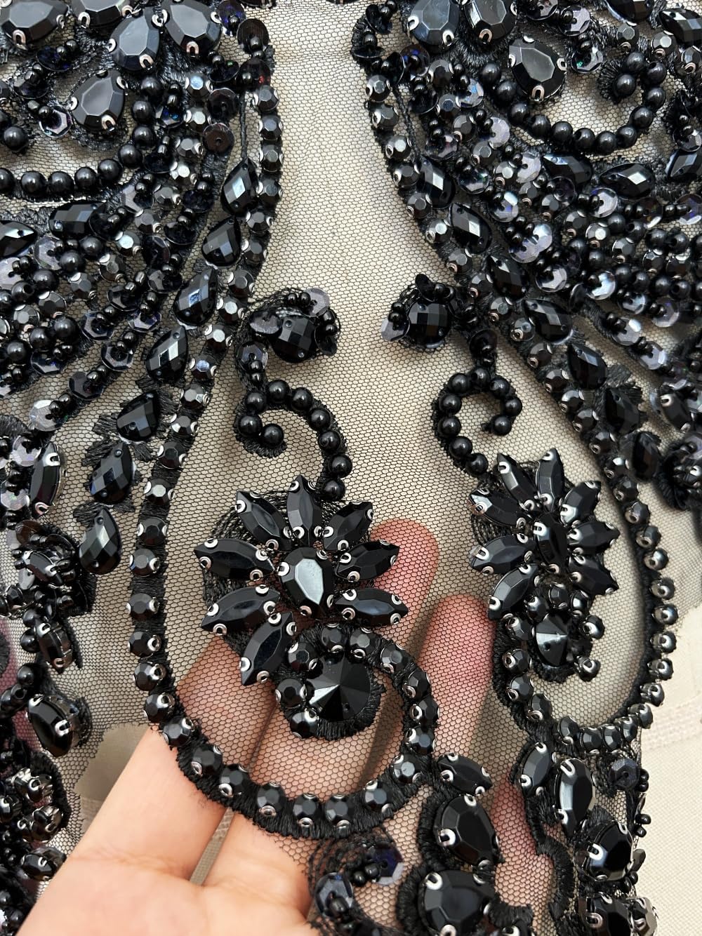 Handmade Rhinestones Lace Appliques Sew on Glass Beads Bodice Trim Patches Accessory for Dress Clothes (Black)
