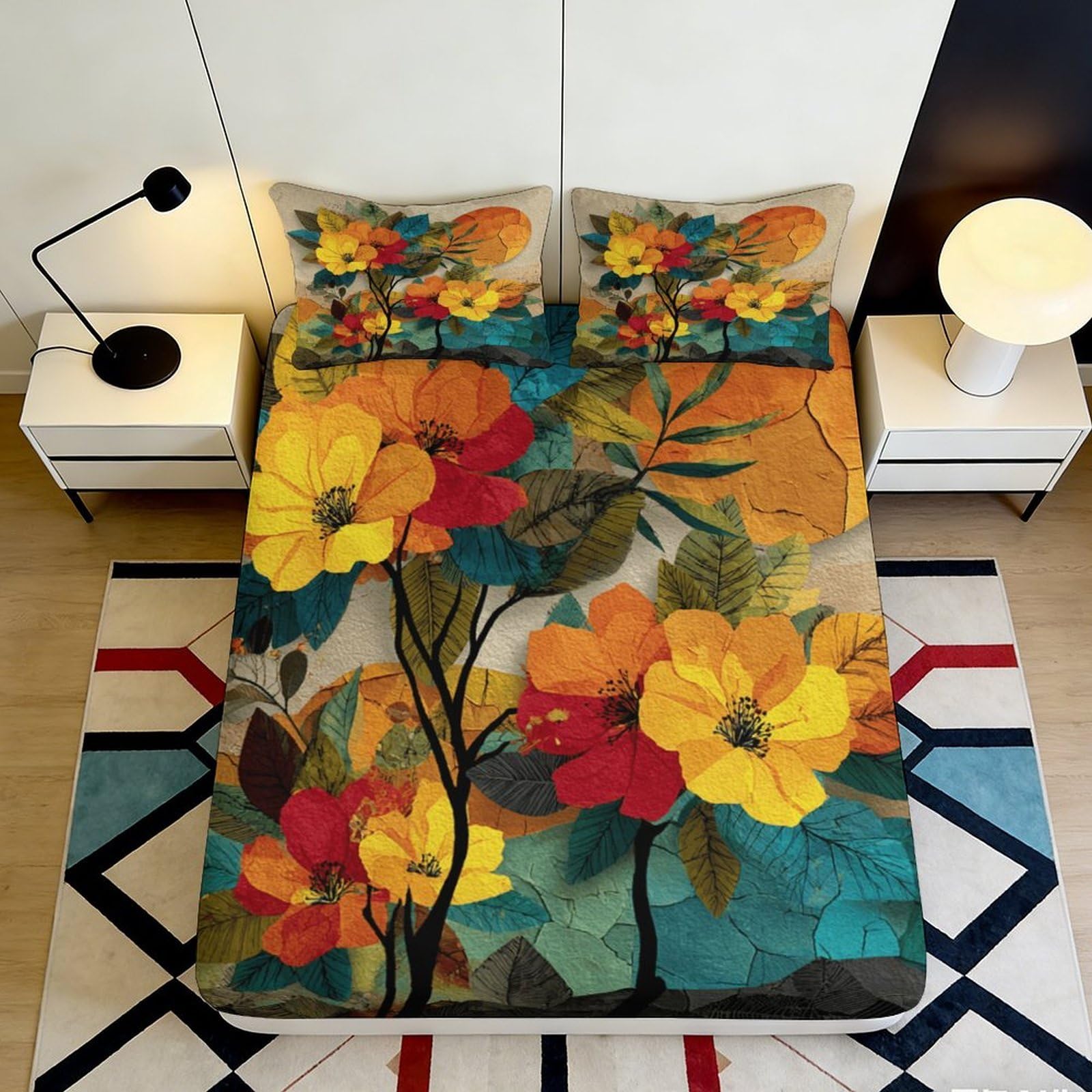 3D Printed Floral Microfiber Fitted Sheet Deep Pocket Non-Slip Floral Mattress Fitted Cover Full Wrap Washable 140x200x25cm