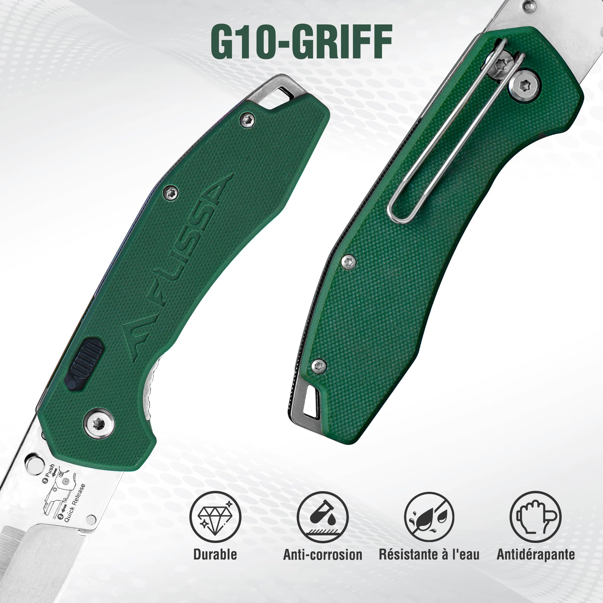 FLISSA Couteau de Poche 3 en 1 avec Manche G10, Clip Ceinture et Lames Interchangeables, Système de Verrouillage Sécurisé, Couteau Pliant Multifonction pour Usage Quotidien et Extérieur