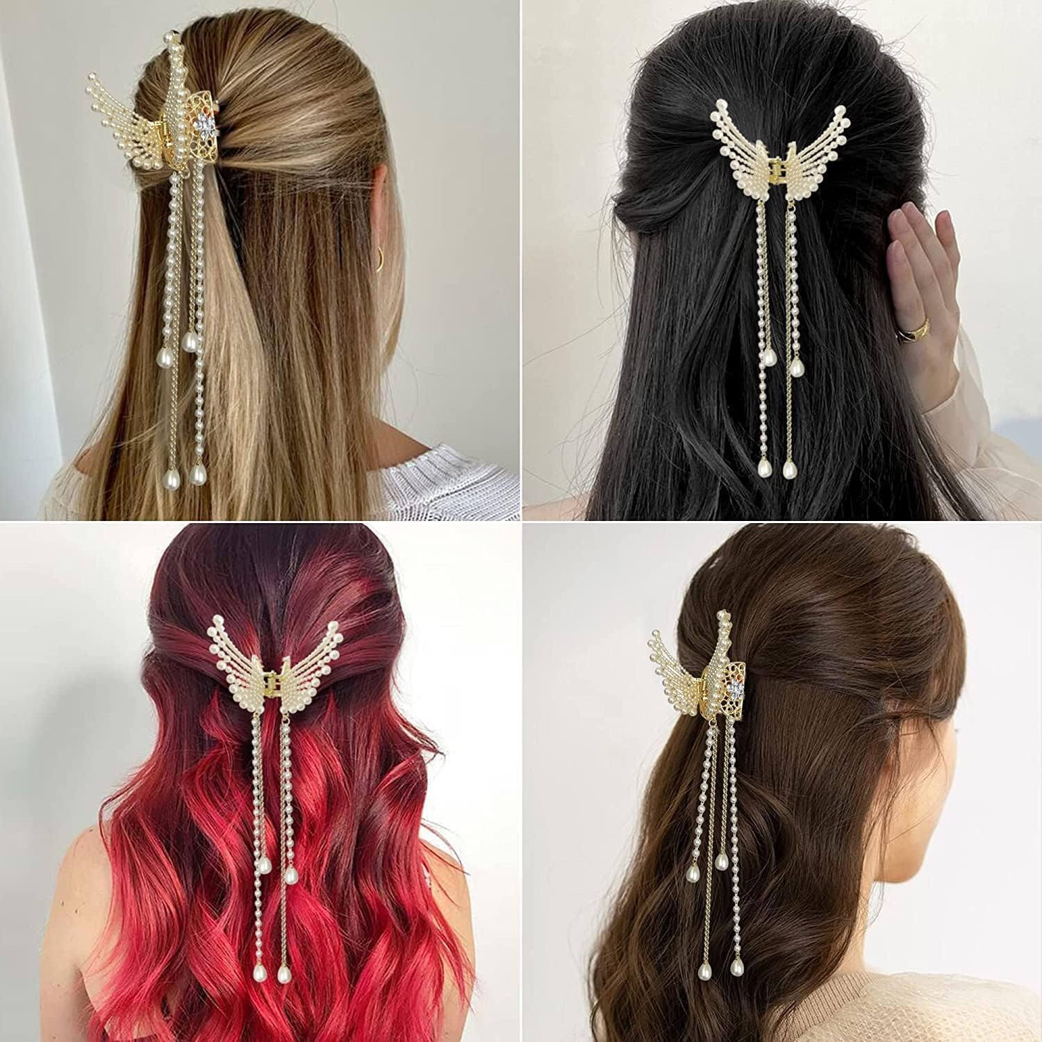 MVM Enterprise Butterfly Design Pearl Hair Claw Clips Hairstyle Elegant Royal Fashion Clutcher Pins | Wedding Bridal Jaw Clamp Tassels Charming Hair Pins Party Modern Jewelry For Women's & Girls 3