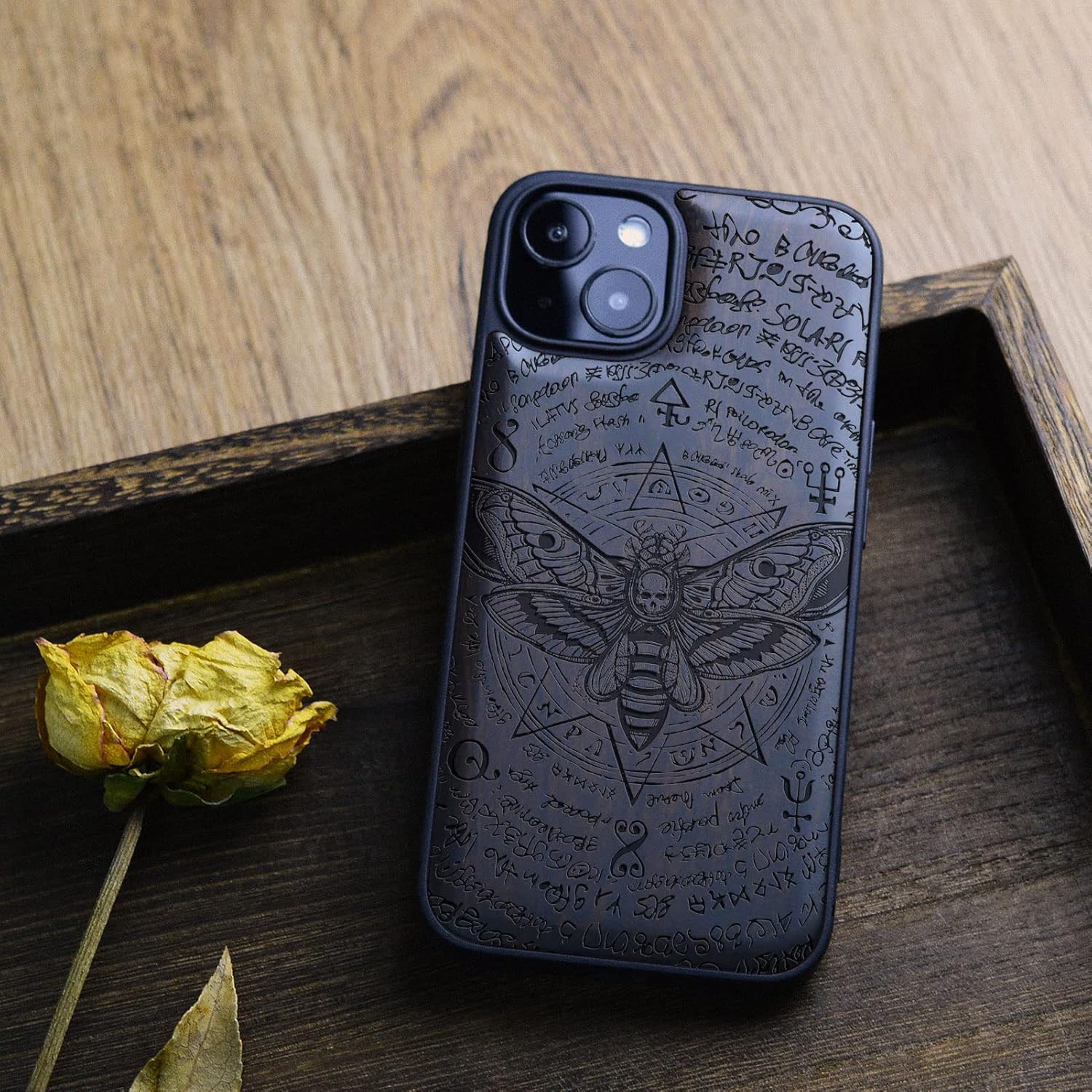 Carveit Magnetic Wood Case for iPhone 13 Case [Natural Wood & Black Soft TPU] Unique & Classy Wooden Shockproof Protective Cover Compatible with magsafe (Death's Head Moth -Blackwood)