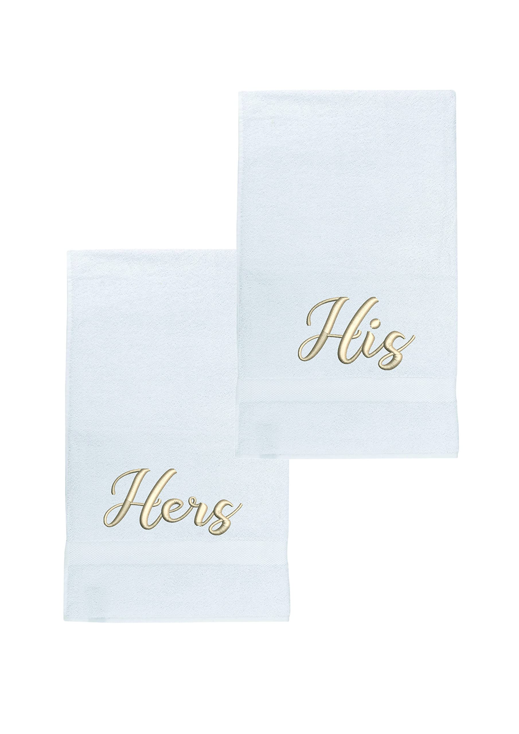 La Maison 100% Egyptian Cotton Embroidered His and Hers Soft Waffle Pack of 2 Couples Hand Towel Bath Towel Sets Wedding (Bath Towel Set, White)