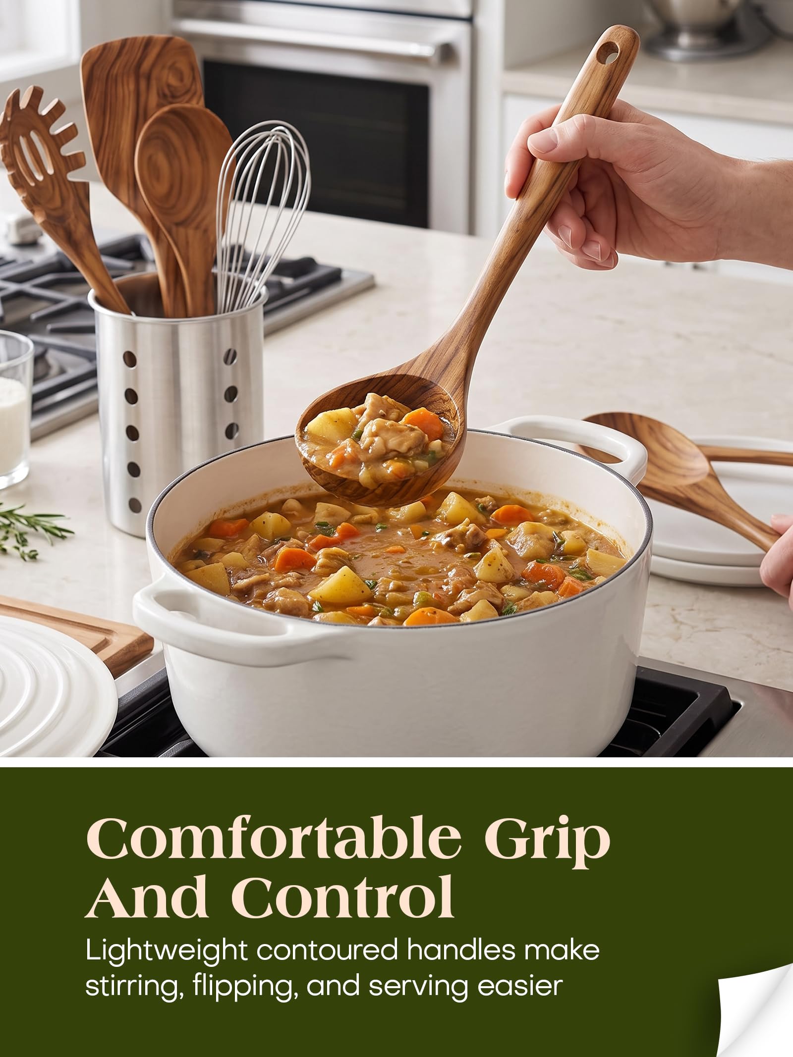 Set di utensili da cucina con supporto, utensili da cucina in legno per cucinare, utensili da cucina in legno di teak naturale, set di utensili da cucina in legno con spatola e mestolo (11)