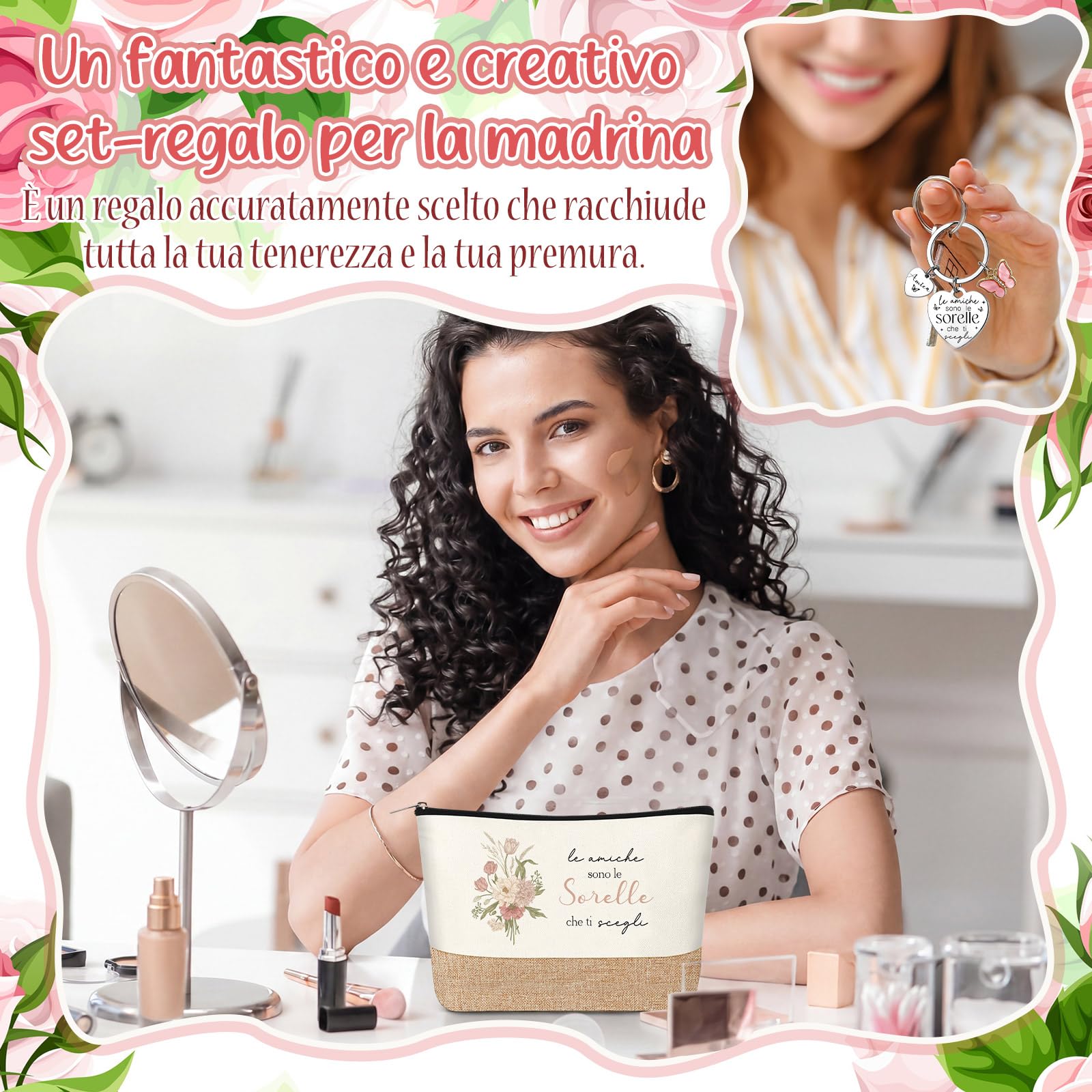 Jadive 3 Pezzi Set Regali da Fare alla Sorella Includere Pochette Cosmetica in Lino Patchwork Portachiavi Amicizia Penna a Sfera Legno per Donna Migliore Amica Compleanno Laurea Universitari Ufficio