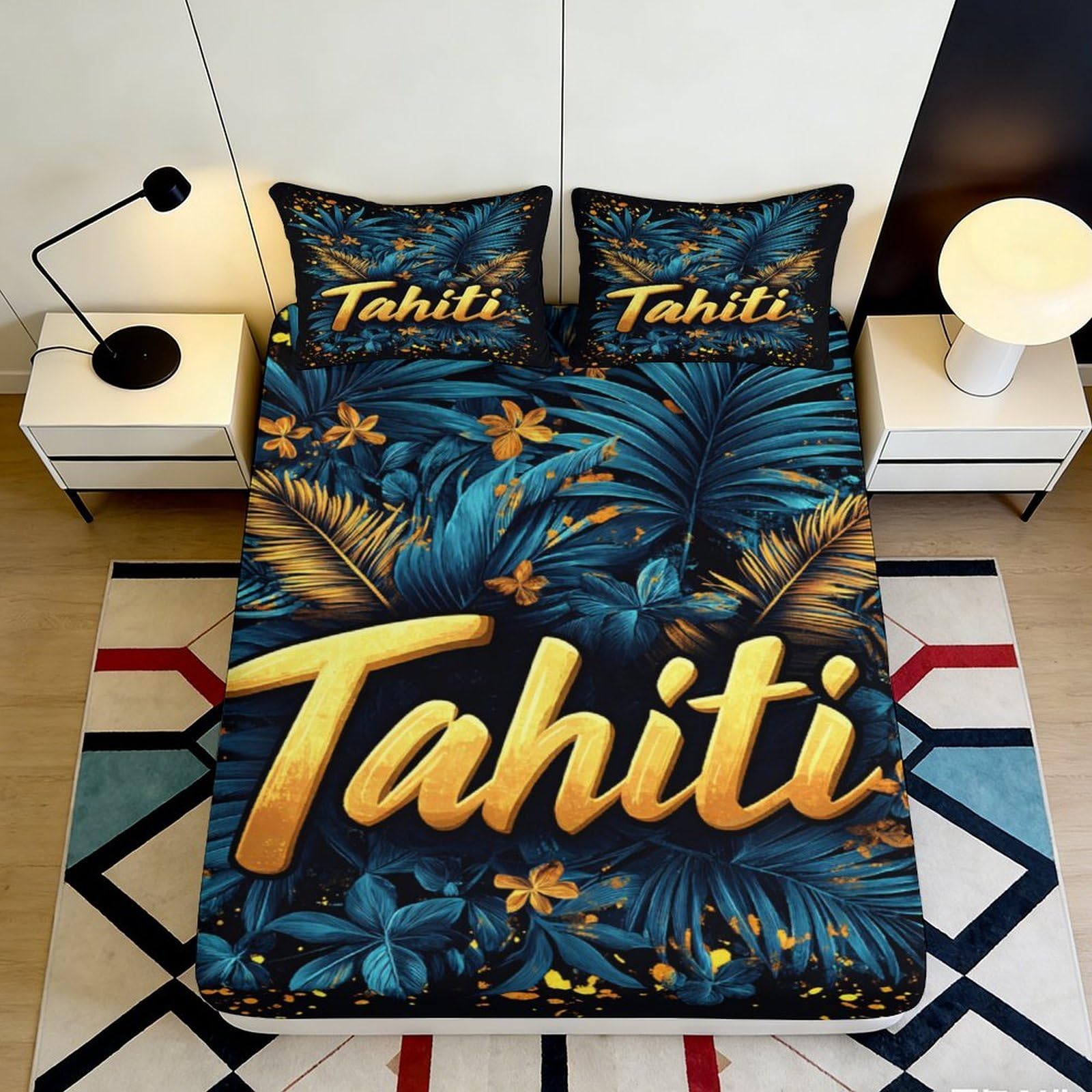 3D Printed Tropical Palm Fitted Sheet Microfiber Bedroom Bedding Set Island Style Mattress Fitted Cover Deep Pocket Non-Slip 120x200x25cm