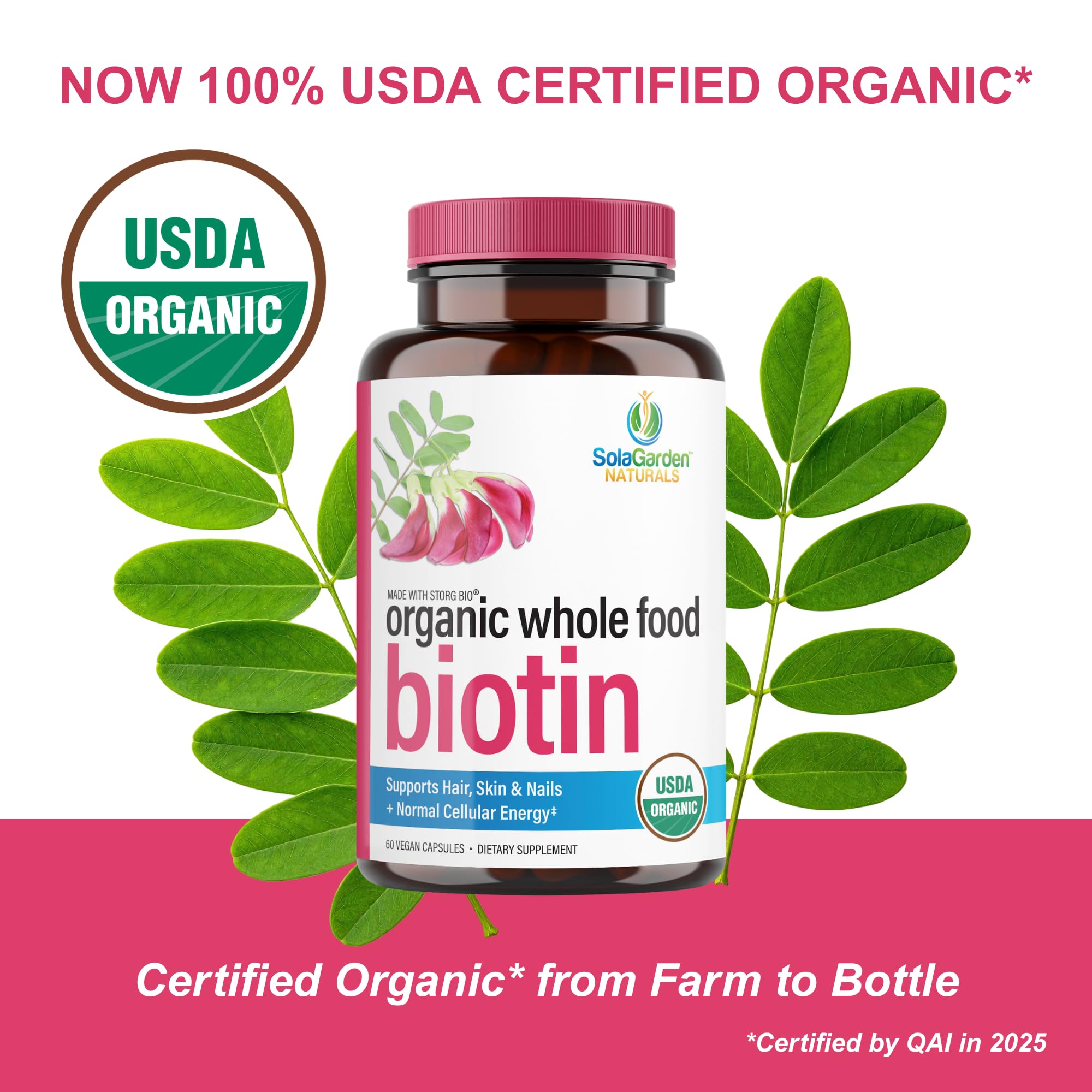 Amazon.com: USDA Organic Whole Food Biotin Supplement, Made with Plant-Based  Biotin from Sesbania Agati Trees, by SolaGarden Naturals, 60 Non-GMO Vegan  Capsules, Supports Hair, Skin, and Nails, Made in USA : Health