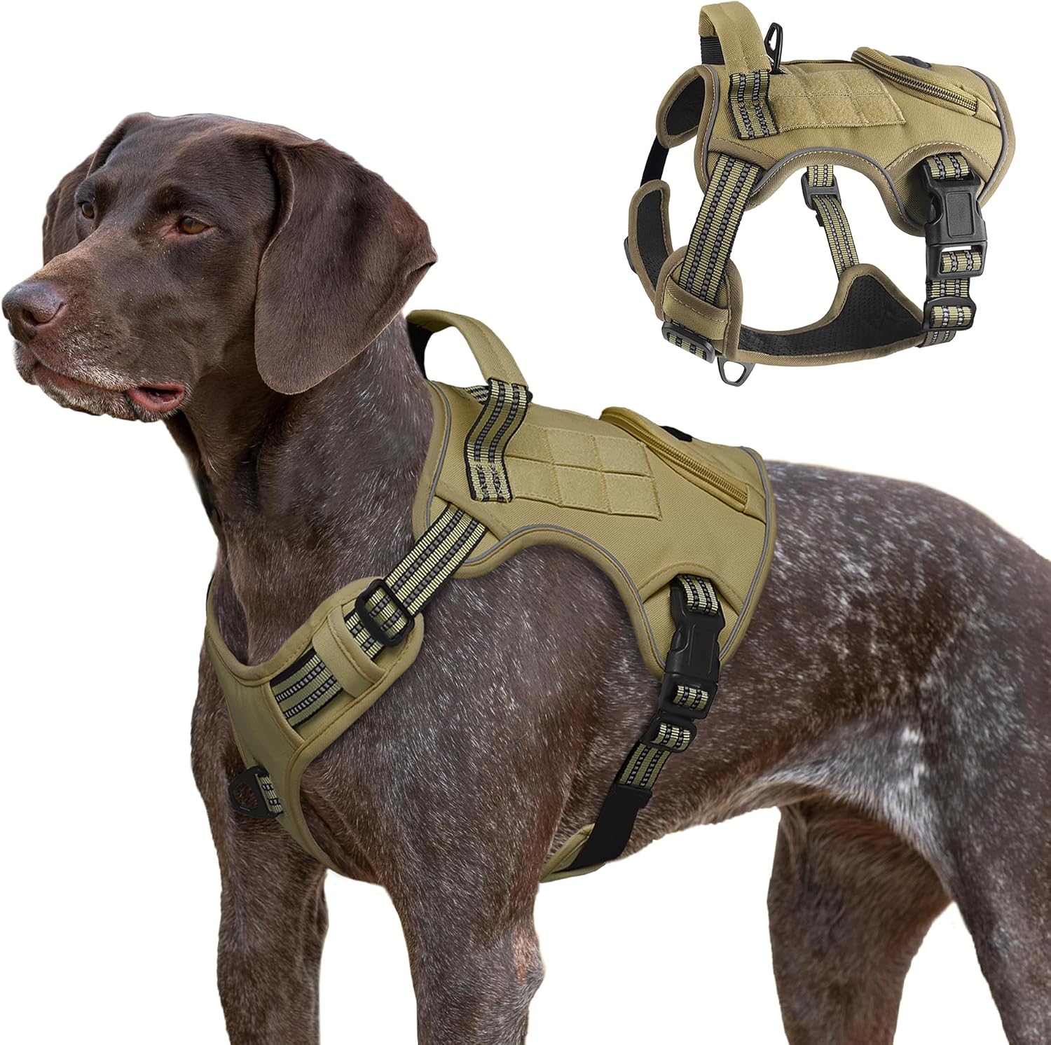 Tactical Dog Harness for Large Dogs, Heavy Duty No Pull Military Service Vest with Control Handle & 4 Patches, Adjustable Reflective Soft Padded Pet Harness for Training Walking Hiking (Brown, S)