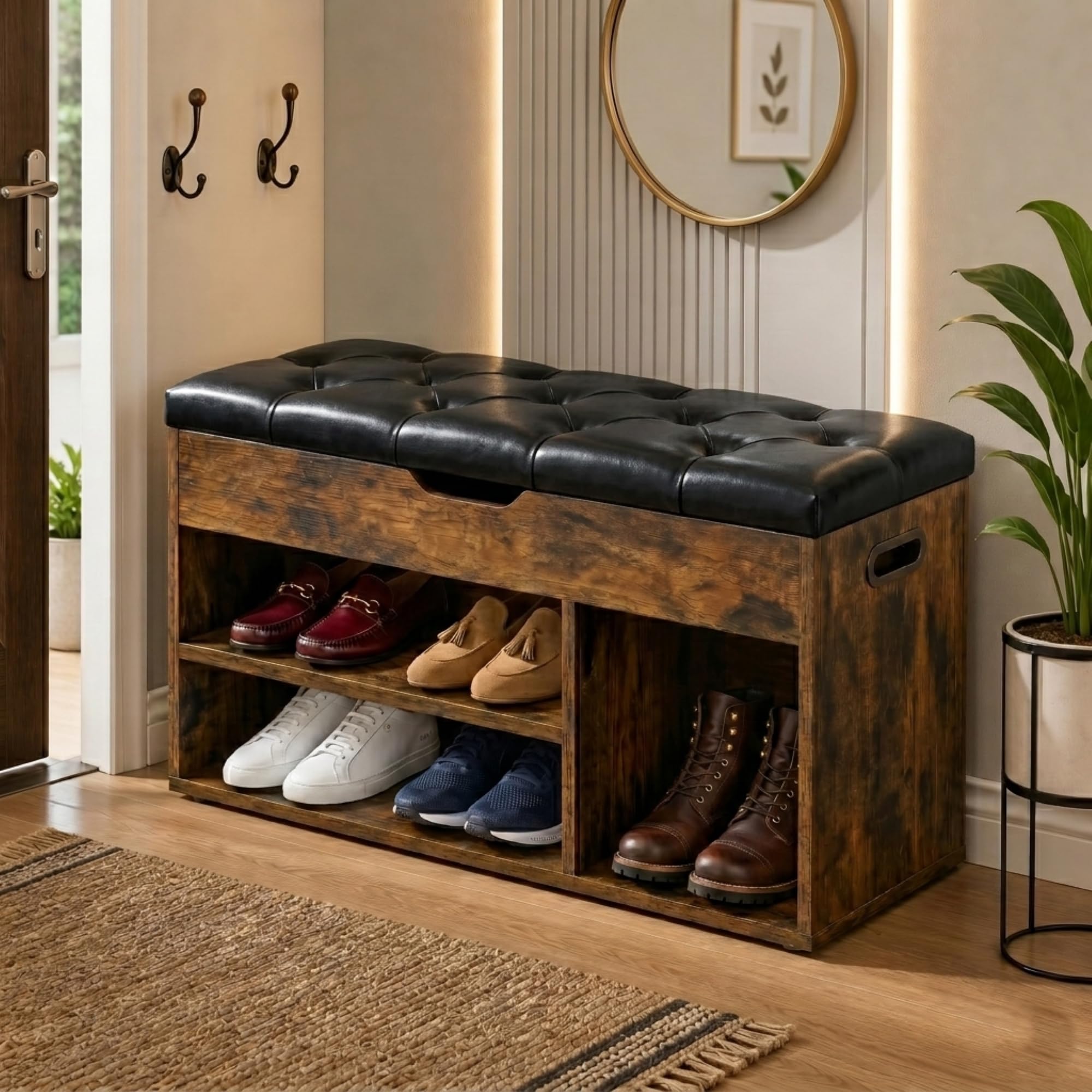 Wooden Shoe Storage Bench Tufted Leather Cushion Seat, 100Cm, Black Leather โ image 1