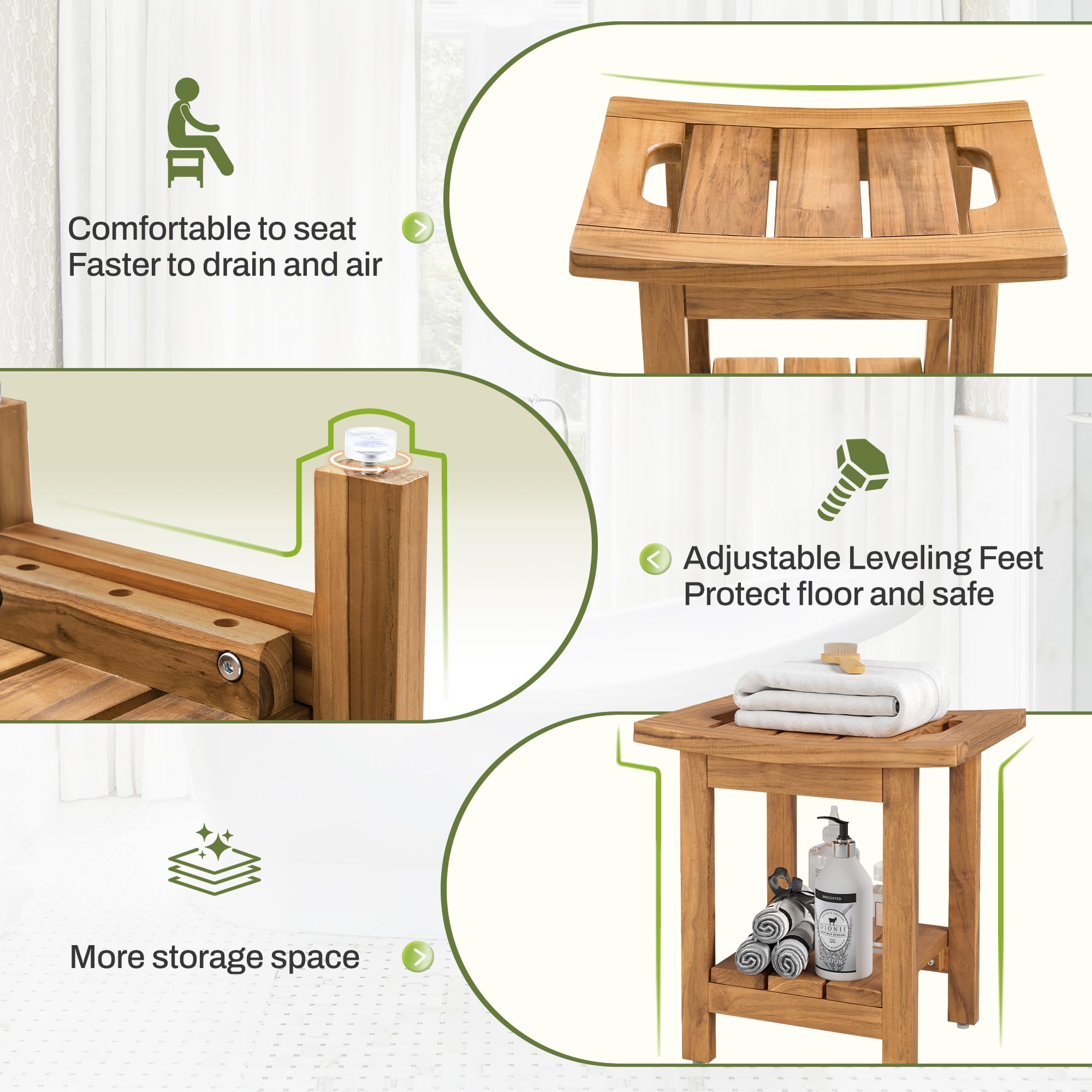 Teak stołek prysznicowy z półką do przechowywania, wodoodporne siedzisko łazienkowe z uchwytami, kompaktowa kwadratowa konstrukcja do spa, naturalne wykończenie, 40 x 29,5 x 41,4 cm