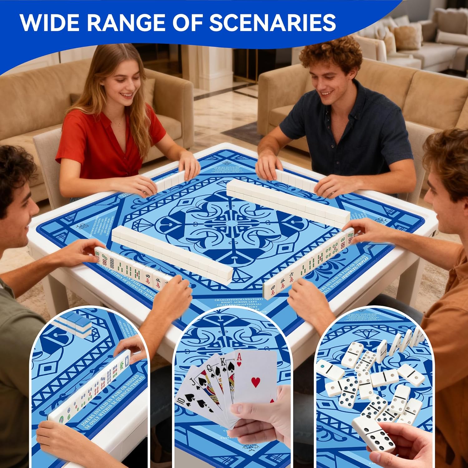 Mahjong Table Mat with Rules 31.5" x 31.5" Neoprene Rubber Square Blue Gaming Mat - Anti-Slip, Noise Reduction Durable & Easy to Clean for Mahjong Tiles, Poker, Dominoes & Board/Tile Games (Blue)