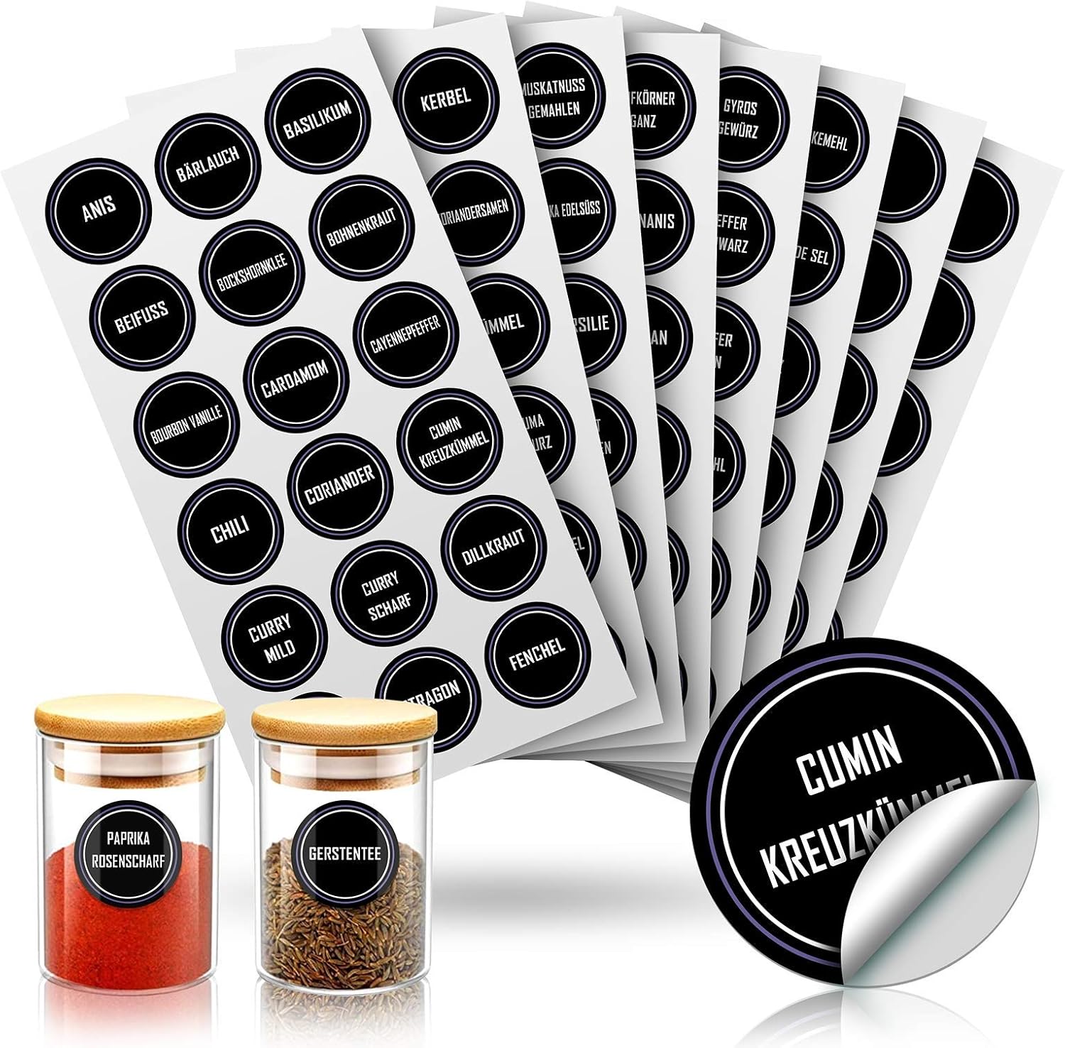 JIPRENS Spice labels (229 pieces), kitchen labels, waterproof, round