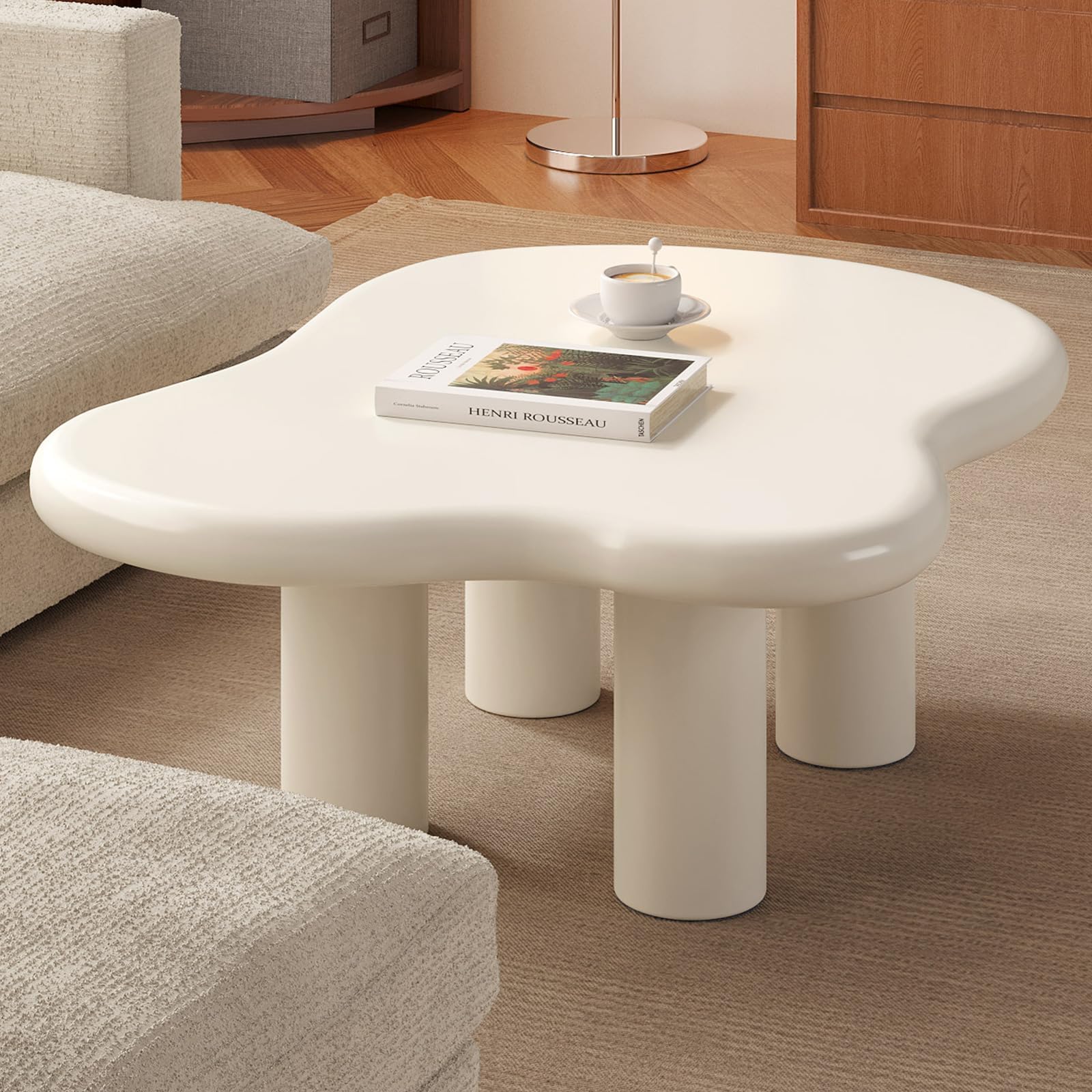 35.43" Cartoon Cloud-Shaped Coffee Table, Unique Irregular End Table with 4 Legs, Aesthetic Funky Center Table for Small Spaces, Living Room, Easy Assemble, Cream White