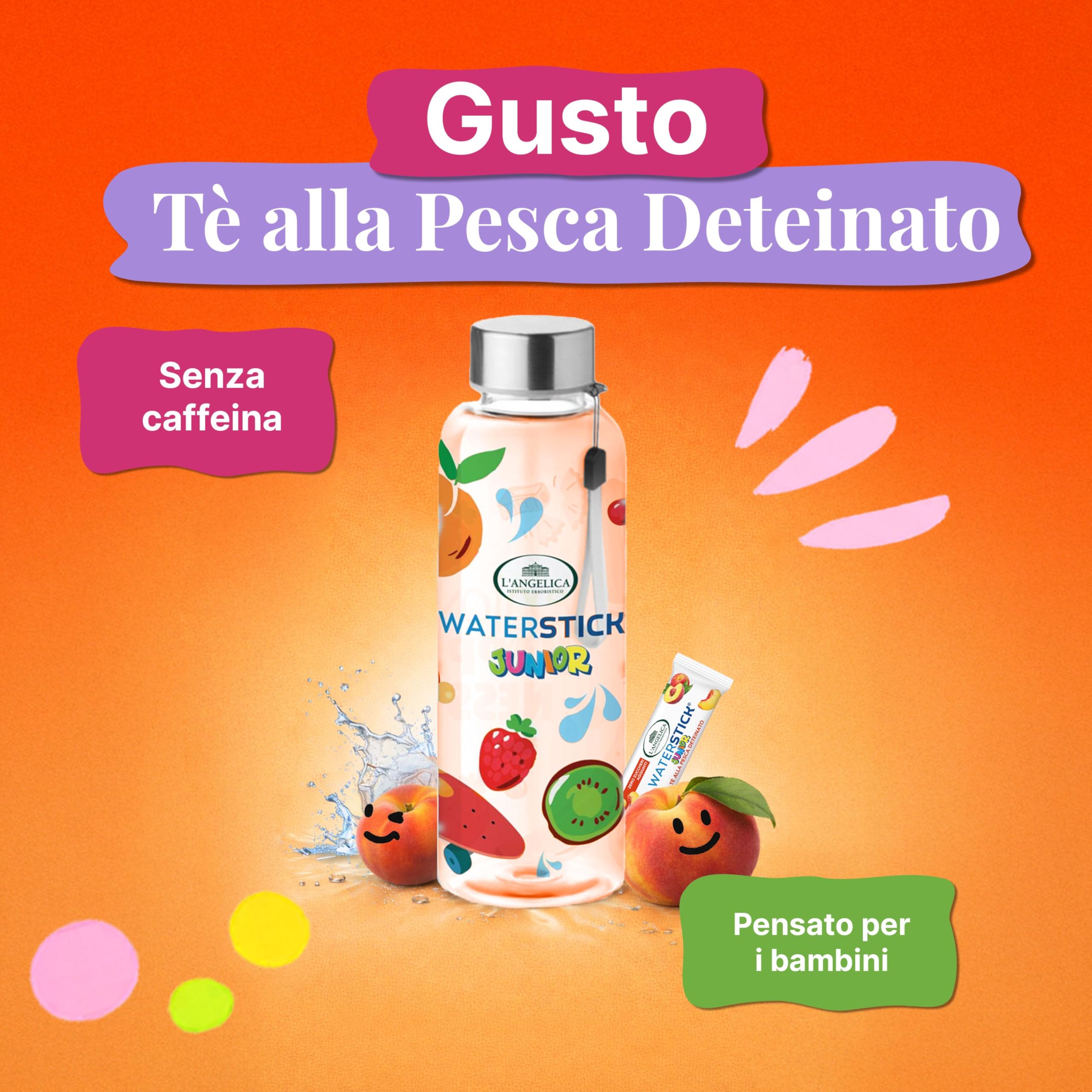 L'Angelica, Waterstick Junior, Gusto Tè alla Pesca Deteinato, Con Frutta, Vitamine, Zero Zuccheri Aggiunti, 6 Astucci da 12 Stick