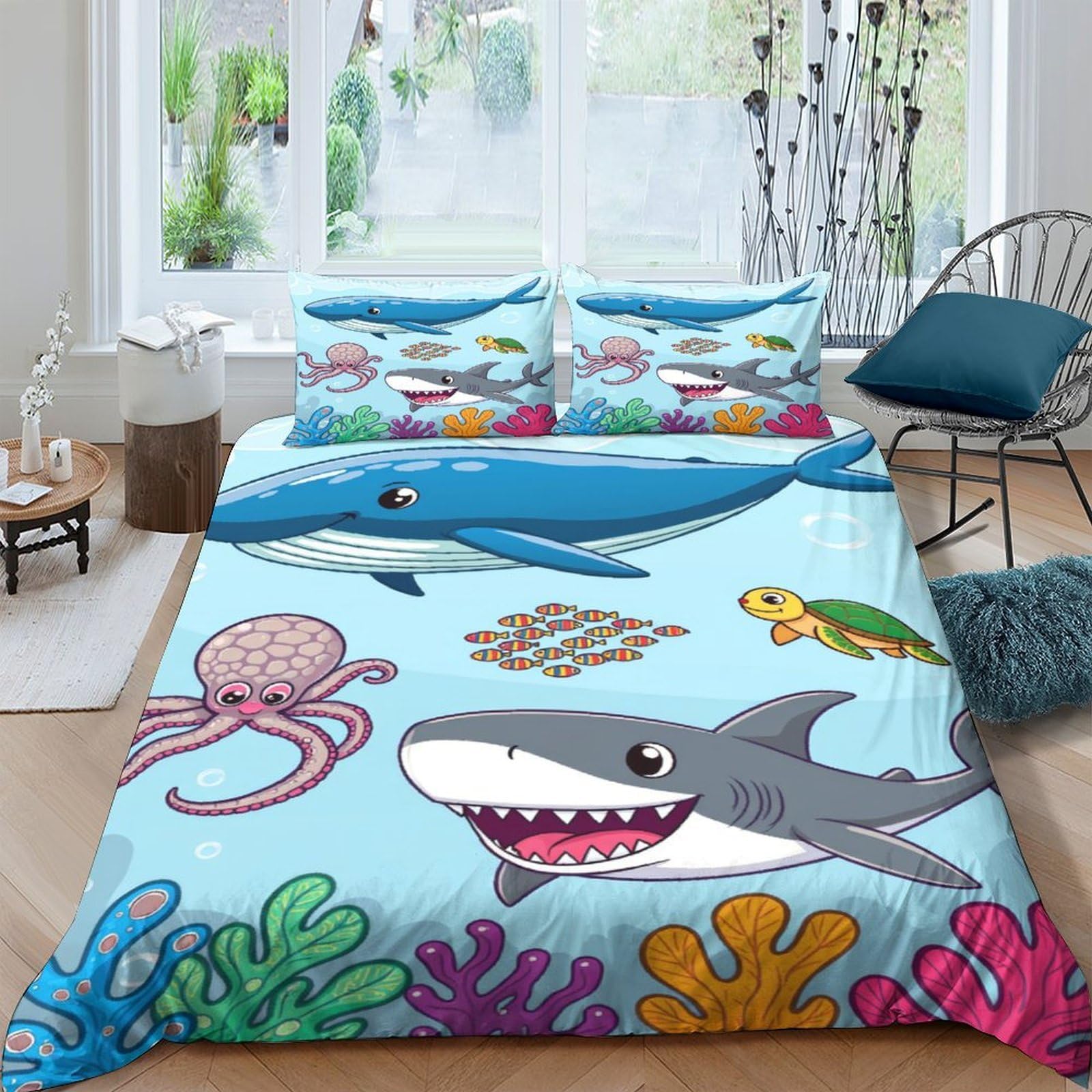 Ctjqhvkz Style-9 3D Printed Ocean Shark Fitted Sheet Microfiber Cartoon Underwater Mattress Cover For Bedroom Dorm Mattress Protection Decor Single（135X200cm）