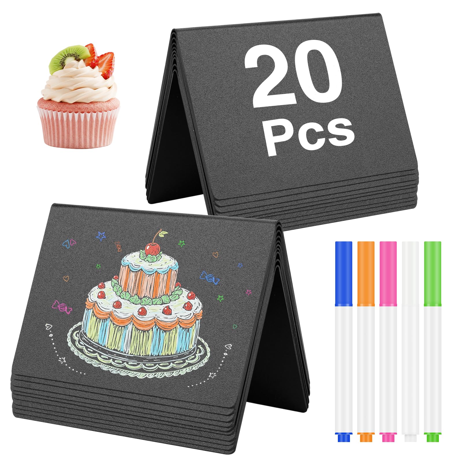 JEFURE 20Pcs Mini Chalkboard Signs, V-Shaped Small PVC Chalk Boards with 5 Chalk Pens, Erasable Mini Blackboard Signs, Price Tags for Display, Food Labels for Buffet, Wedding, Party, Shop
