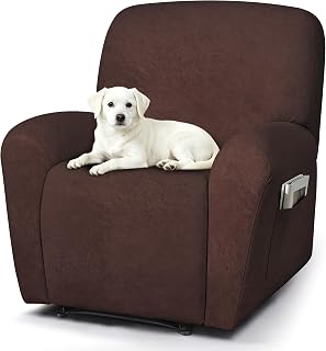 ANARACHON Recliner Chair Covers 4-Piece Leather Look Cover for Recliner Chair with Pocket,Non-Slip Recliner Covers Washable for Pets(02-#4Chocolate,1 Seater)