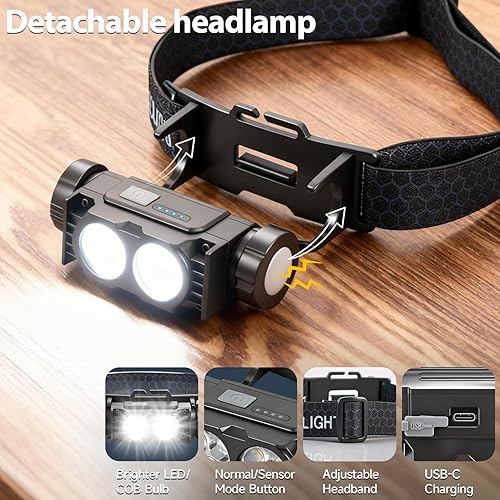 Miniatura 3 de Bud K Paquete de 6 faros recargables, 5000 L, luz LED súper brillante, recargable, 3 modos, linterna desmontable y lámpara de cabeza impermeable