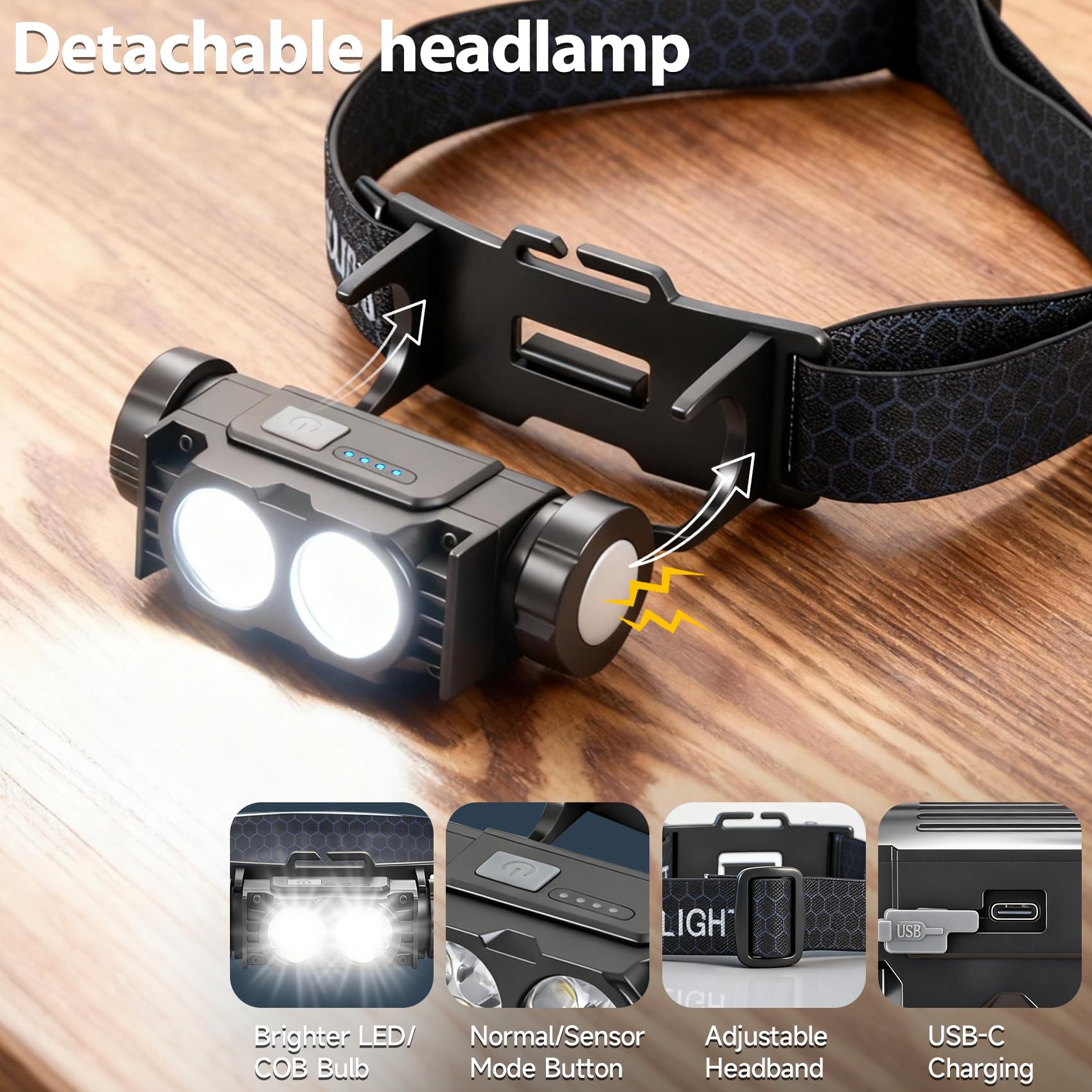 Bud K Stirnlampe, wiederaufladbar, 5000 l, superhelles Licht, LED, wiederaufladbar, 3 Modi, abnehmbare Taschenlampe und wasserdichte Stirnlampe für Erwachsene, Laufen, Outdoor, Notfall, harte Mütze