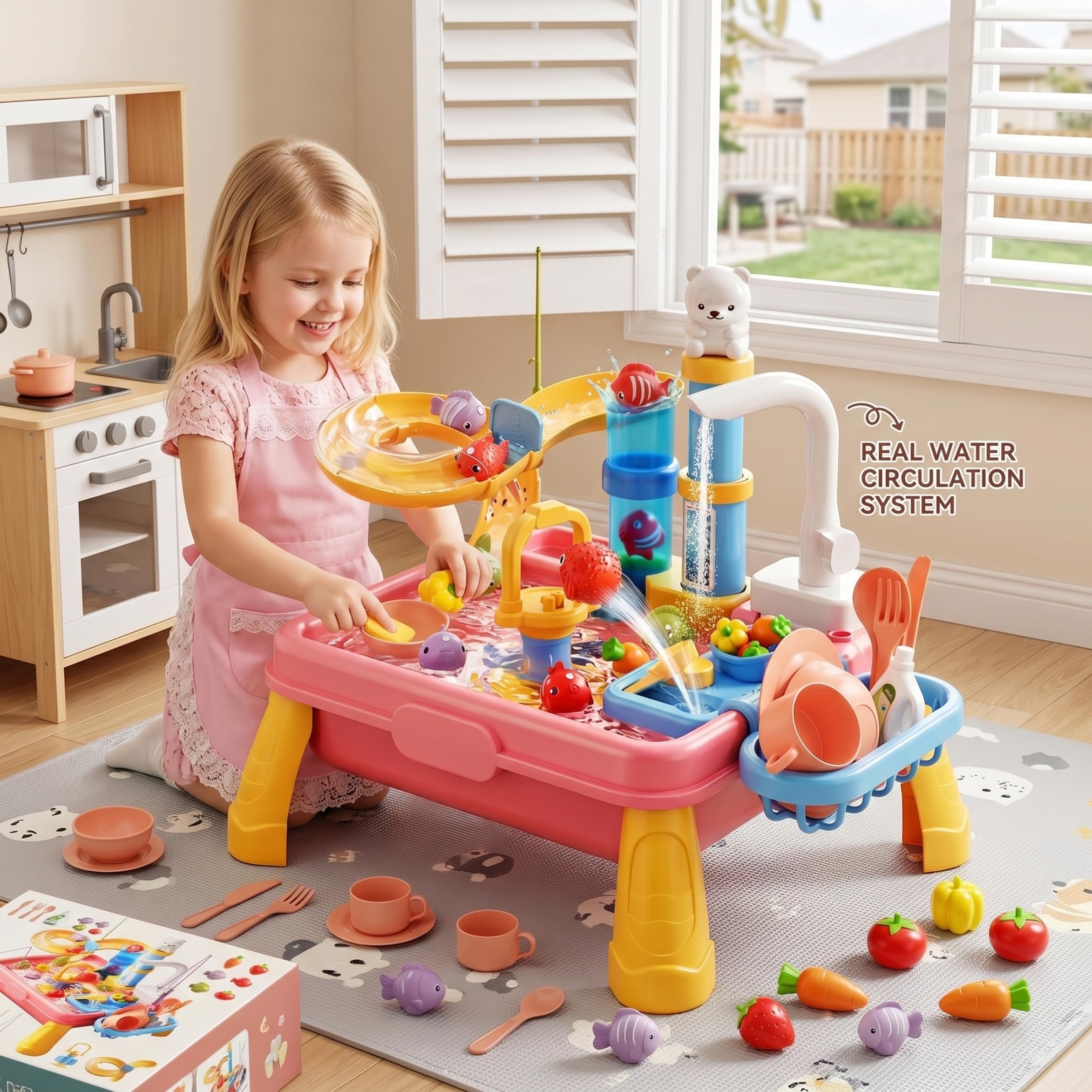 Fregadero de Juguete Mesa de Actividades acuáticas alimentada por batería Juego de simulación Interactivo Juguete de Cocina con Ciclo de Agua automático Estilo-1