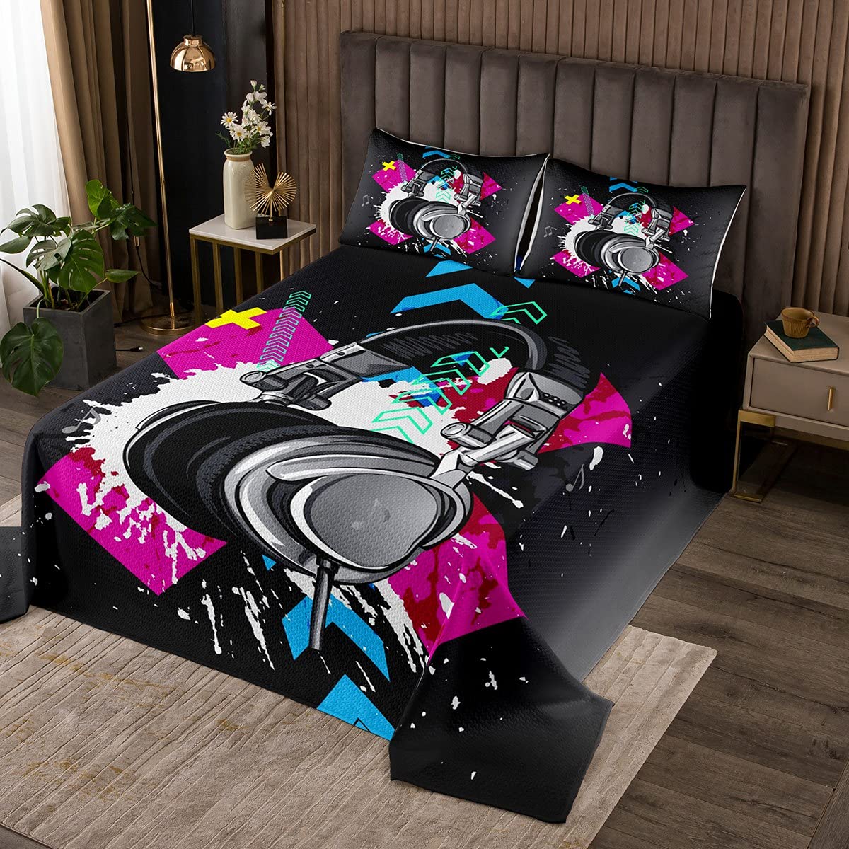 Copricapo per cuffie con musica hip hop, 3 pezzi, trapuntato, con geometria hippie, graffiti, per bambini, ragazzi, ragazzi, adolescenti, con 2 federe per cuscini, king size
