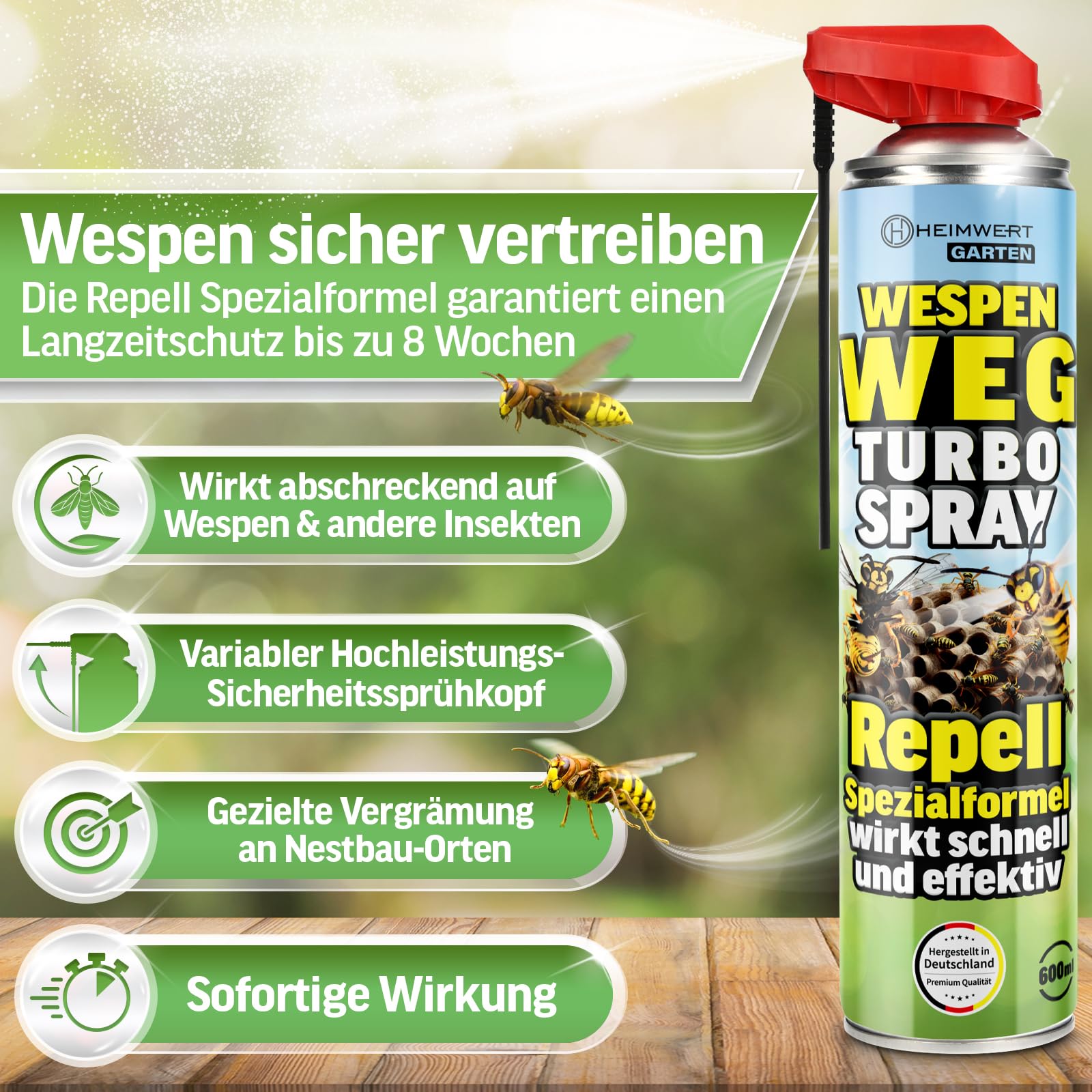 HEIMWERT Wespenspray Turbo mit Langzeitwirkung Repellent - Sicher Wespennest entfernen dank Spezialformel Made in Germany - 2x600 ml Vorteils Spray gegen Wespen + große Nester (2x600 ml)