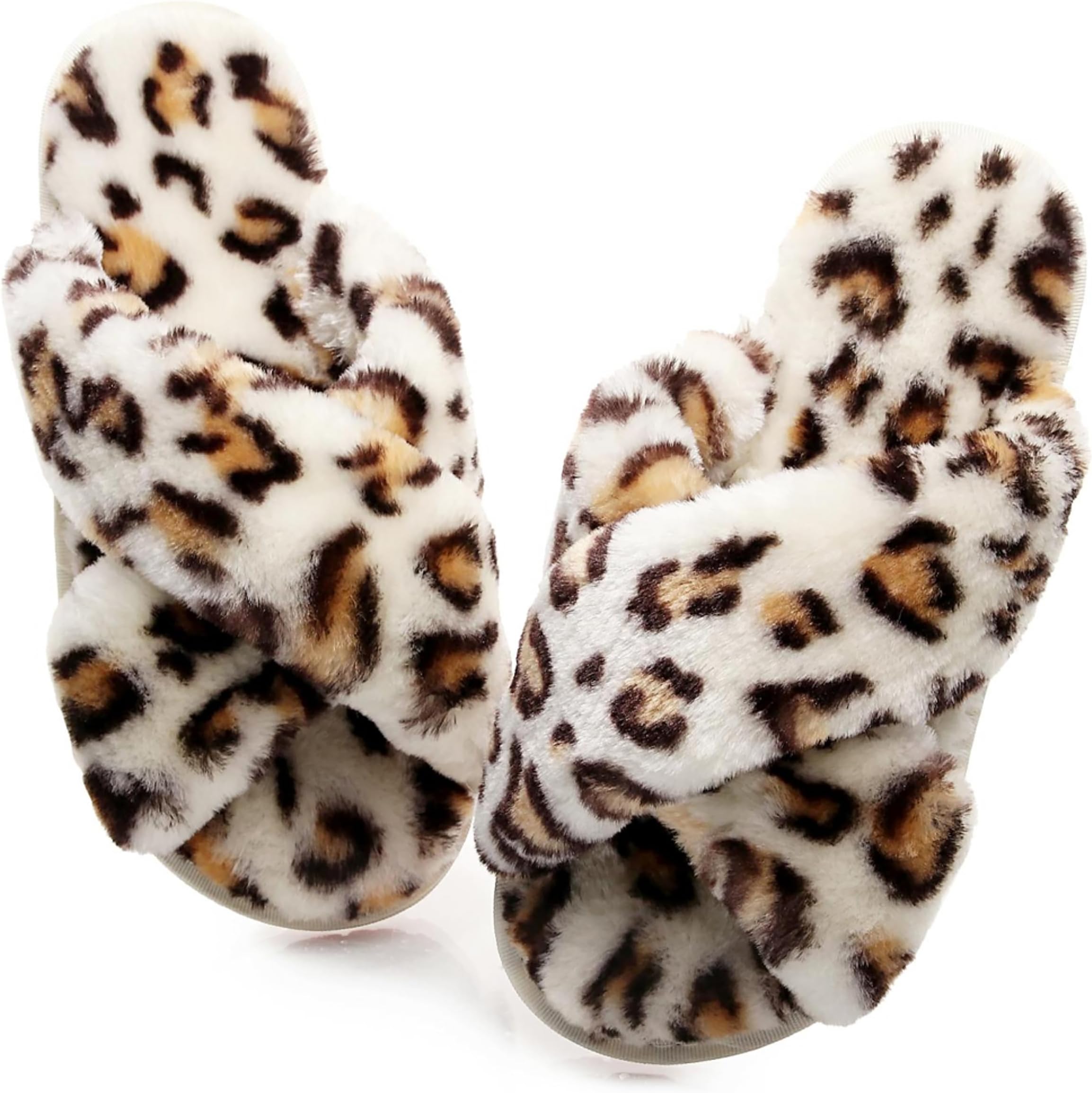 Women's Fuzzy Fluffy House Slippers Cute Plush Memory Foam Shoes Cross Band Indoor Outdoor Open Toe Sandals