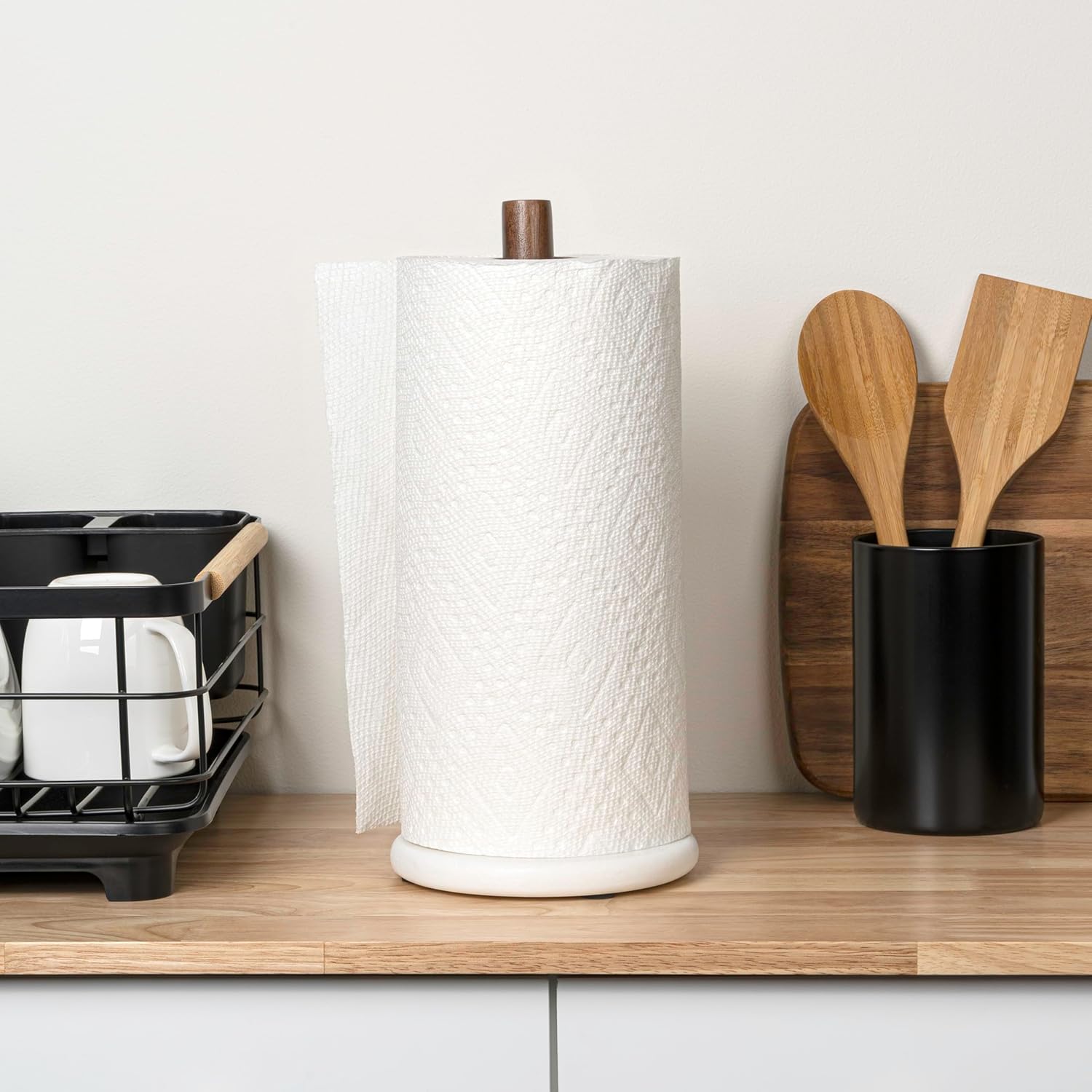 happimess PRH2000B Avery Modern Classic Wood with Non Slip Weighted Marble Base Paper Towel Holder, for Bathroom Kitchen Countertop, Standard or Jumbo-Sized Roll Paper, White/Natural