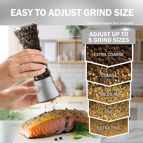 Miniatura 44 de Home EC Juego de 2 molinillos de sal marina y pimienta de acero inoxidable de alta calidad, cerámica ajustable, salero y pimentero alto, molinillo