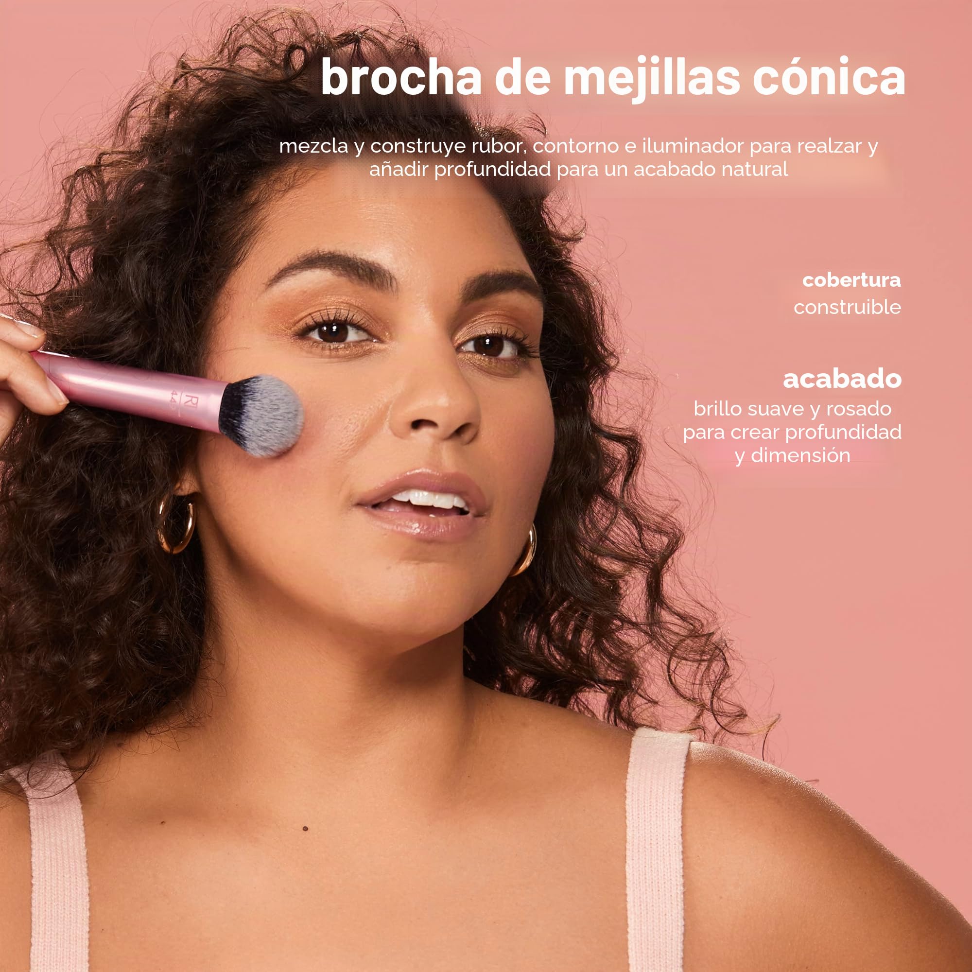 REAL TECHNIQUES Tapered Cheek Makeup Brush, Blush, Highlighter, Loose Powder, Soft Bristles, Pink