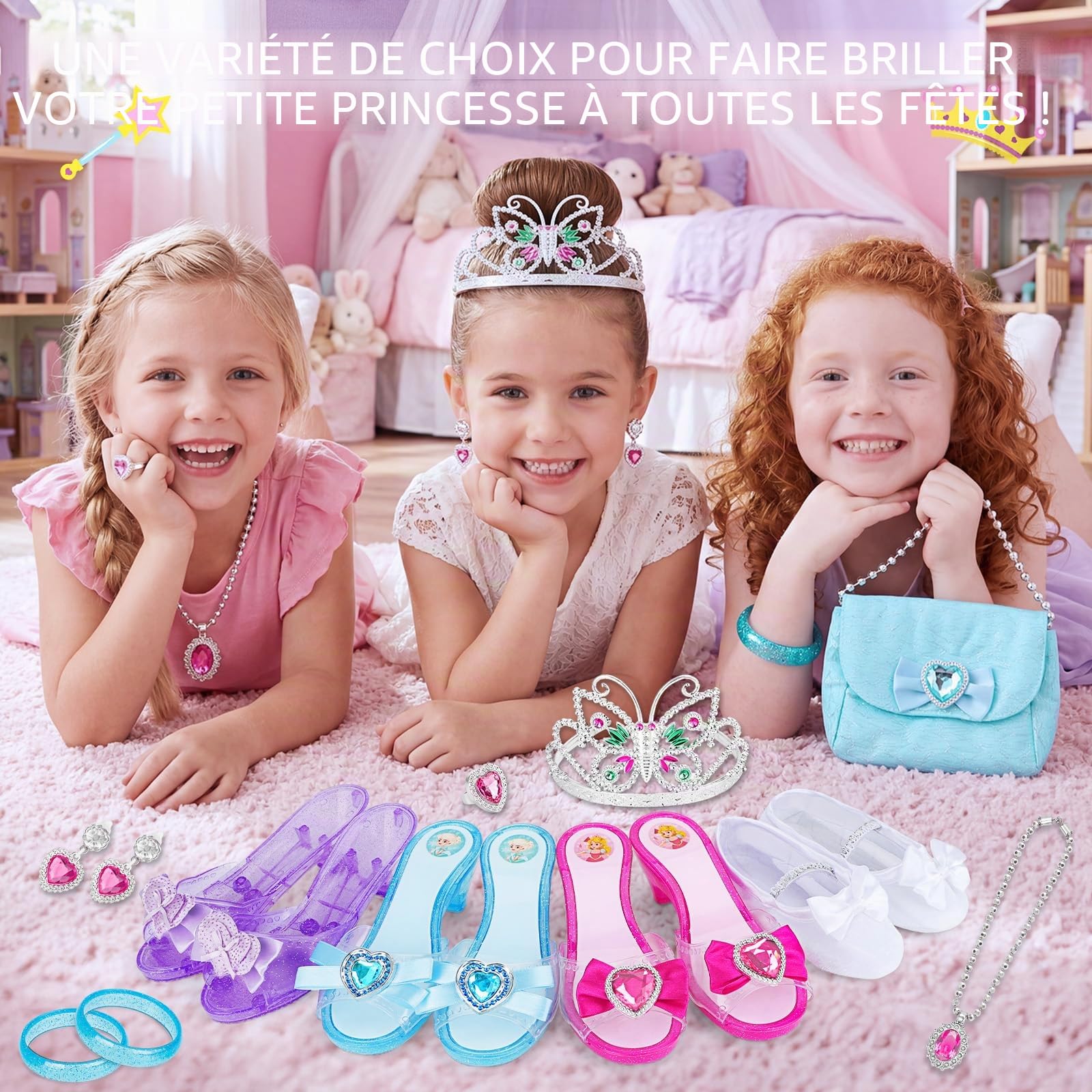 deAO Chaussures de Princesse avec 4 Paires de Chaussures de Jeu, 1 Sac à Main et Accessoires de Bijoux pour Filles âgées de 3, 4, 5, 6 Ans, Bracelets, Colliers, Boucles d'oreilles et diadème, Cadeau