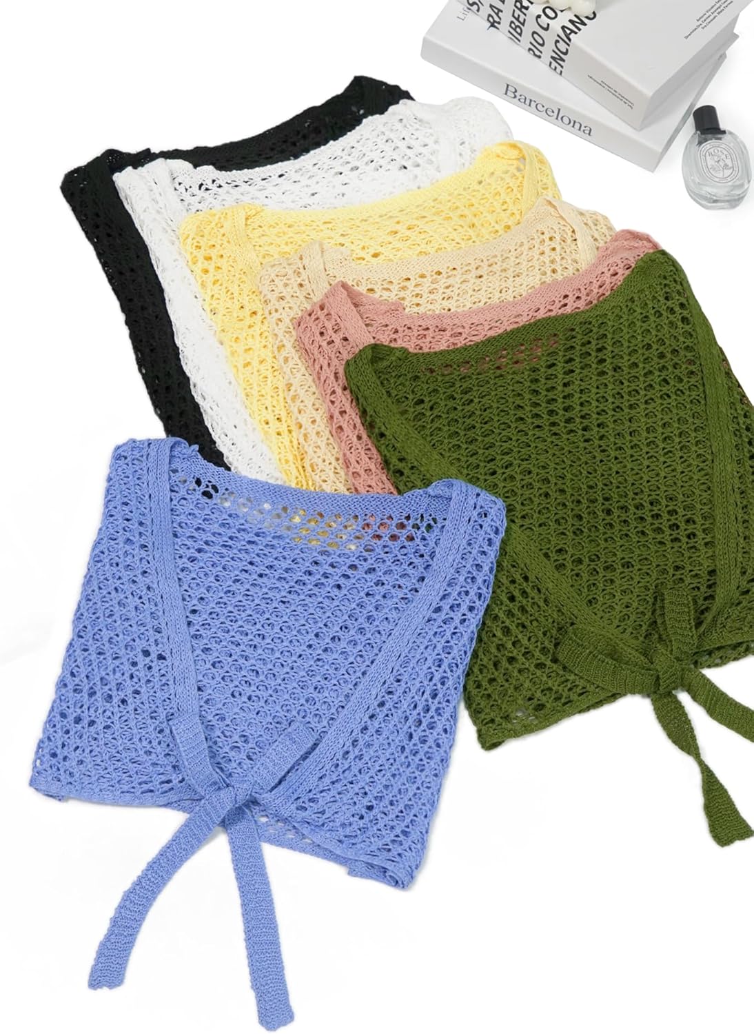 Women Bell Long Sleeve Crochet Top Tie Front Cropped Cardigan Hollow Out Knit Bolero Shrug - Image 5