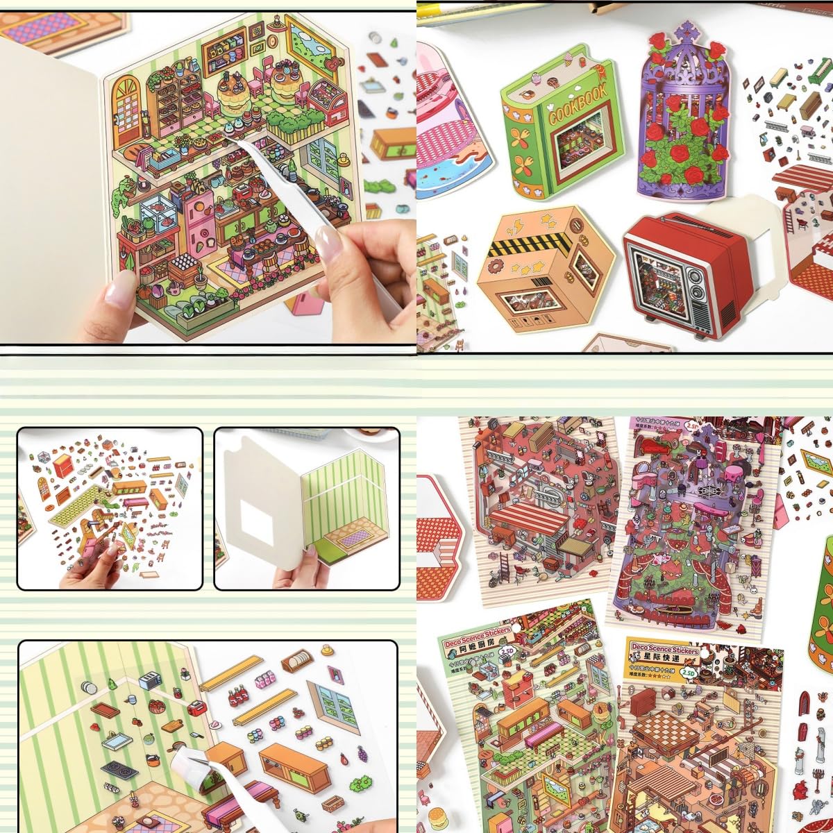4 Sets 3D Sticker Scene Sticker Therapy 3D Scenes Kits with Tweezer,DIY Scene Stickers for Adults,Isometric Miniature House Room Sets,Stickers for Relaxing Fun - Image 2