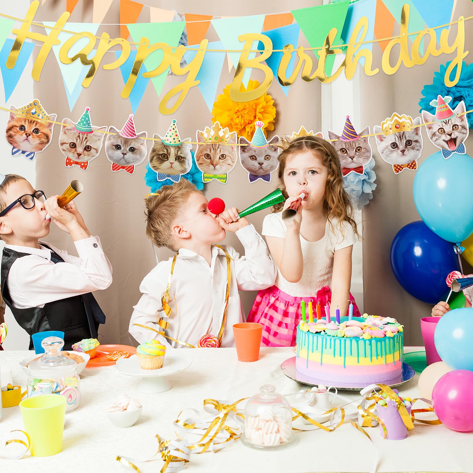 2 Stück Happy Birthday Banner Mit Katzengesichtern – Girlande, Goldene Wimpelkette, Lustige Geburtstagsdekoration