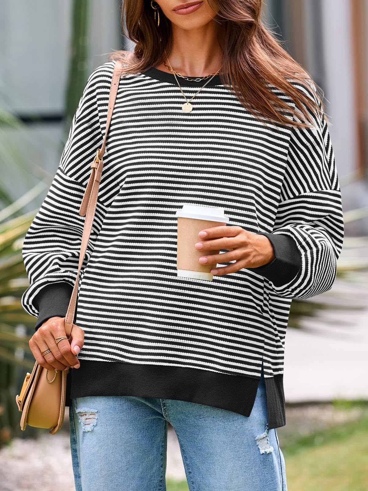 Sudadera de otoño de gran tamaño para mujer, informal, de punto gofre, manga larga, cuello redondo, dividida, túnica — view 2