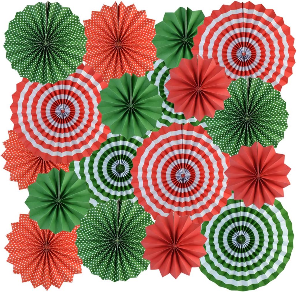 mifengda 18Pc Party Red and Green Paper Fans Merry Christmas Hanging