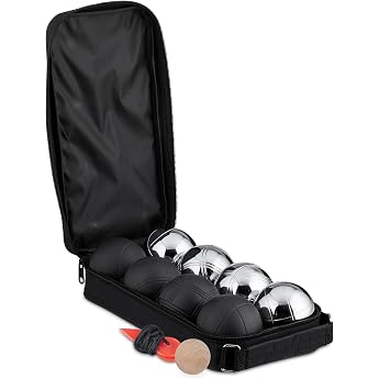 Relaxdays Boule Balls, 8 Metal Balls, Set with Target Ball & Spacer, Carry Bag, Boccia Game, Black/Silver
