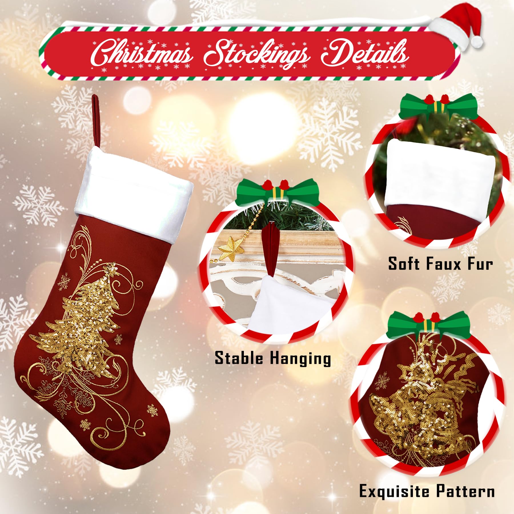 Roycraft Weihnachtsstrümpfe, 5 Stück, Samt, Gold, 48,3 cm, rote Pailletten, Weihnachtsstrümpfe, Kamin, hängende Ornamente, für Familiendekorationen, Urlaub
